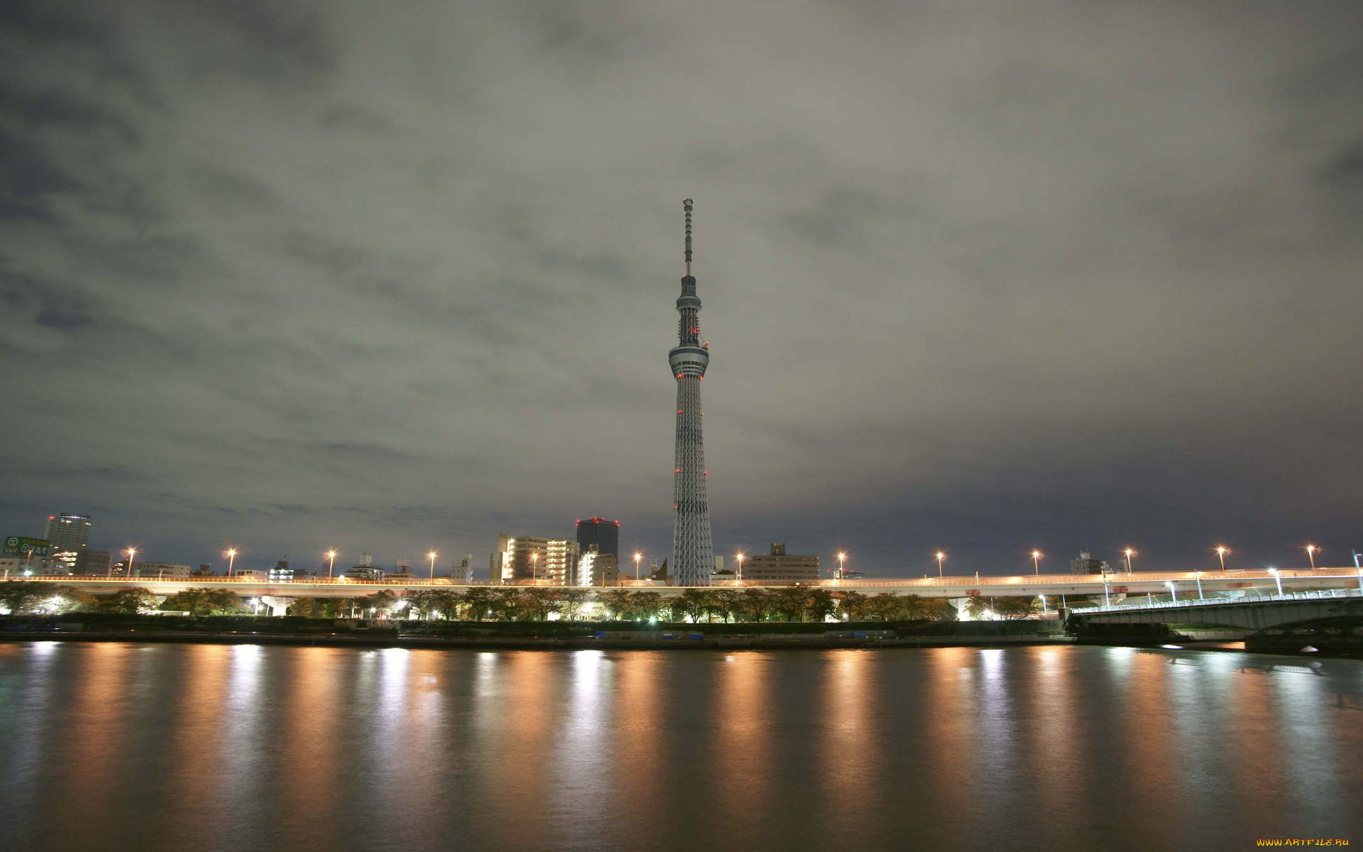 города, огни, ночного, вечер, вода, отражения