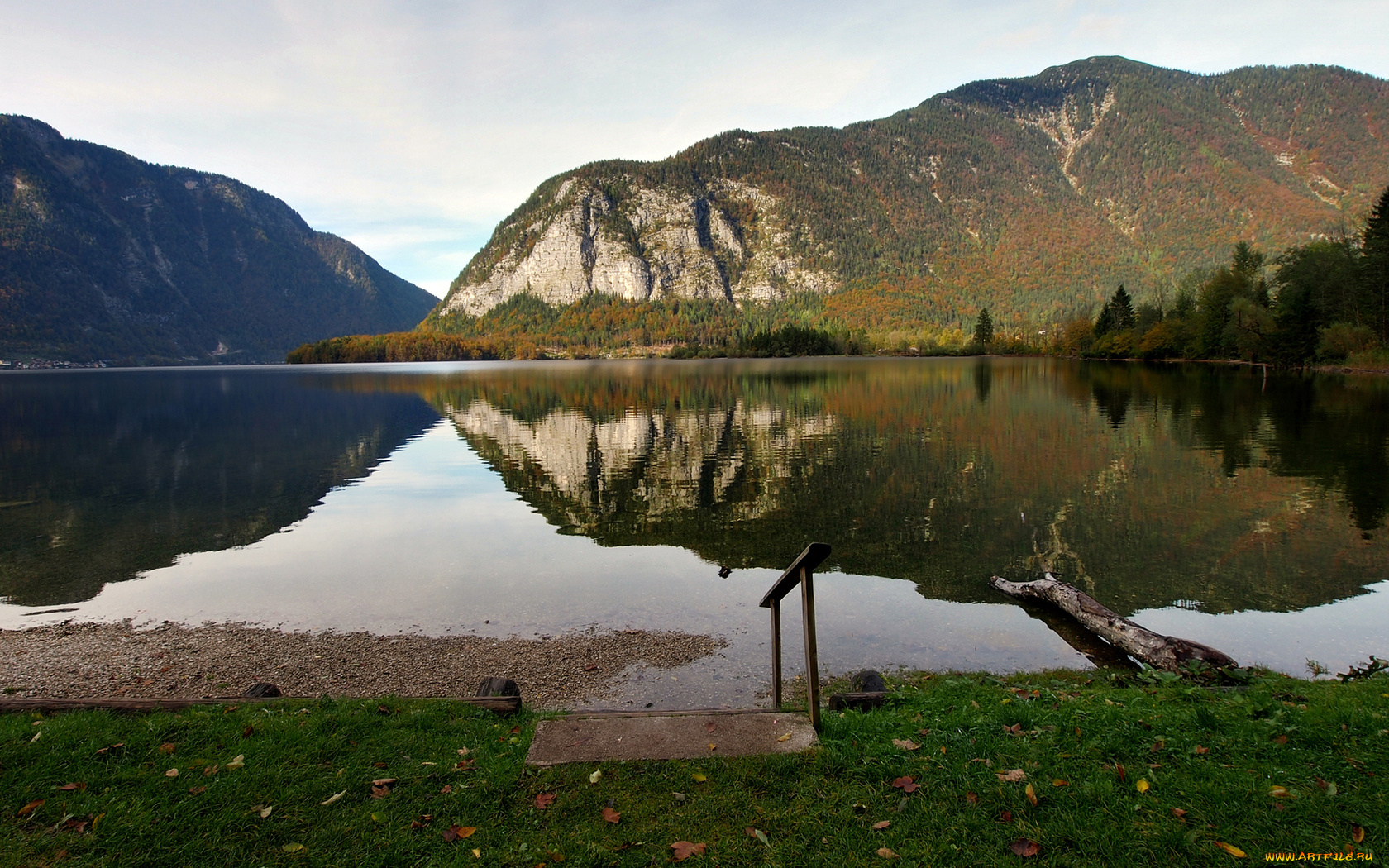 природа, реки, озера, перила, гладь, отражение, трава, озеро, горы