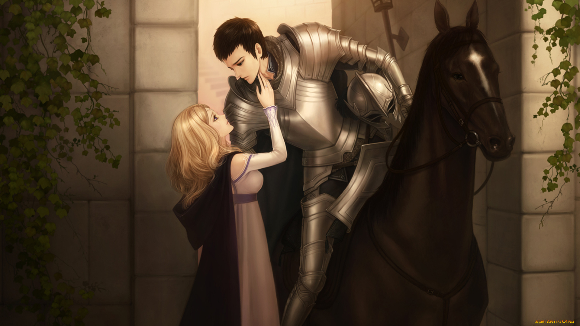 фэнтези, люди, двое, влюбленные, рыцарь, доспехи, лошадь