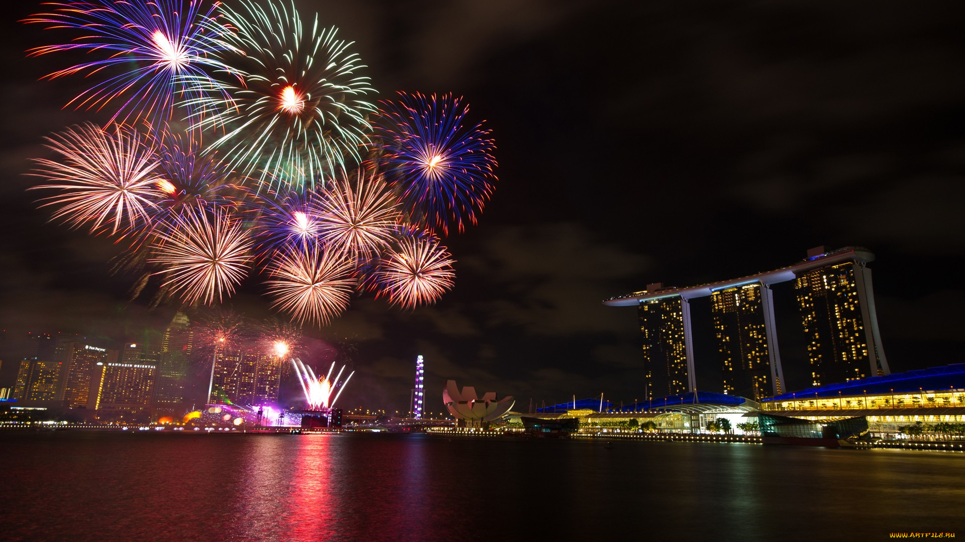 fireworks, города, сингапур, ночь, фейерверк