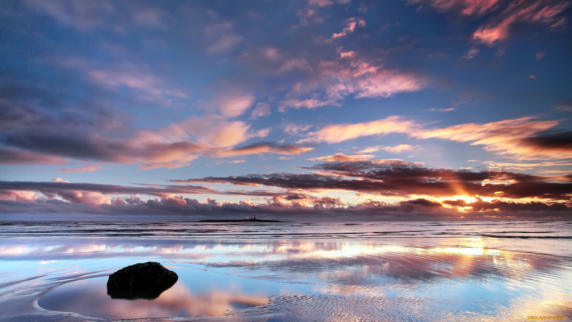 природа, побережье, океан, закат, пляж, камень