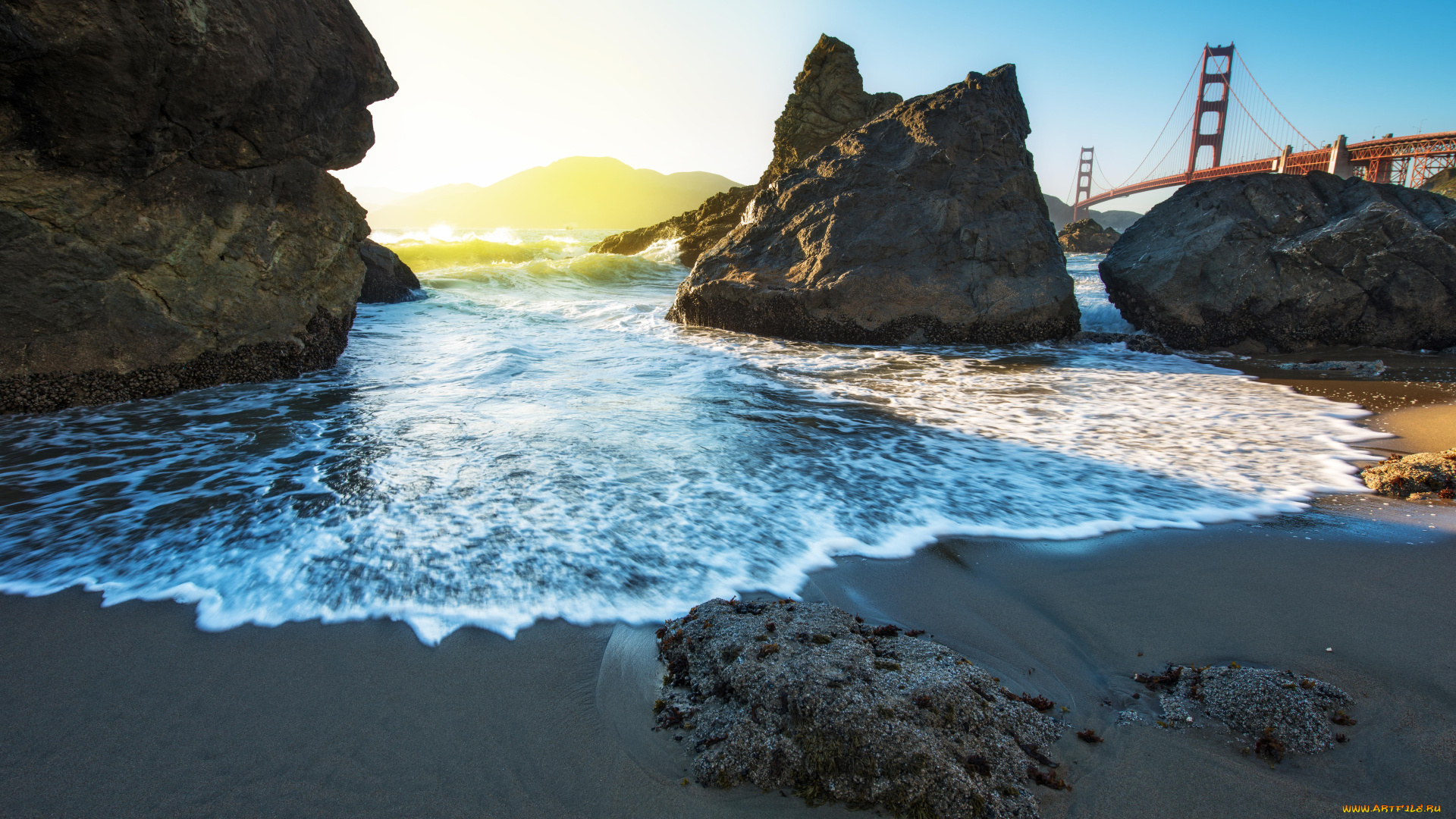 природа, побережье, пляж, солнце, сан-франциско, калифорния, мост