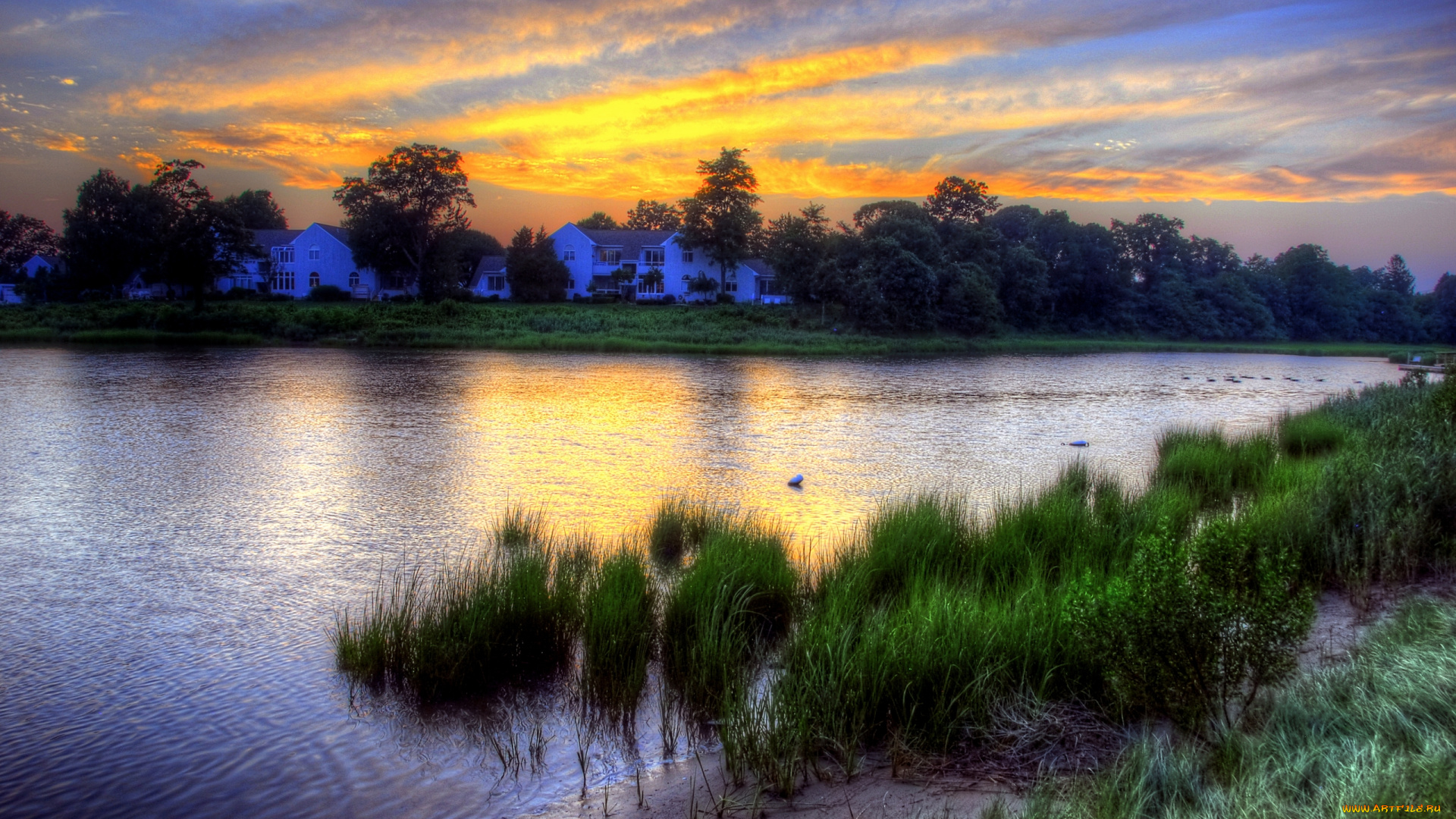 природа, реки, озера, домики, вечер, трава, деревья, река