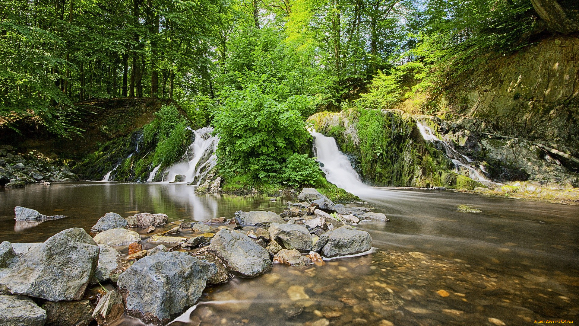 природа, водопады, лето, зелень, водопад, река, лес