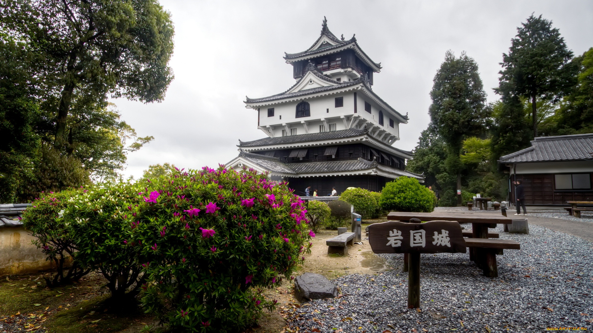 замок, ивакуни, города, замки, Японии, пагода, парк