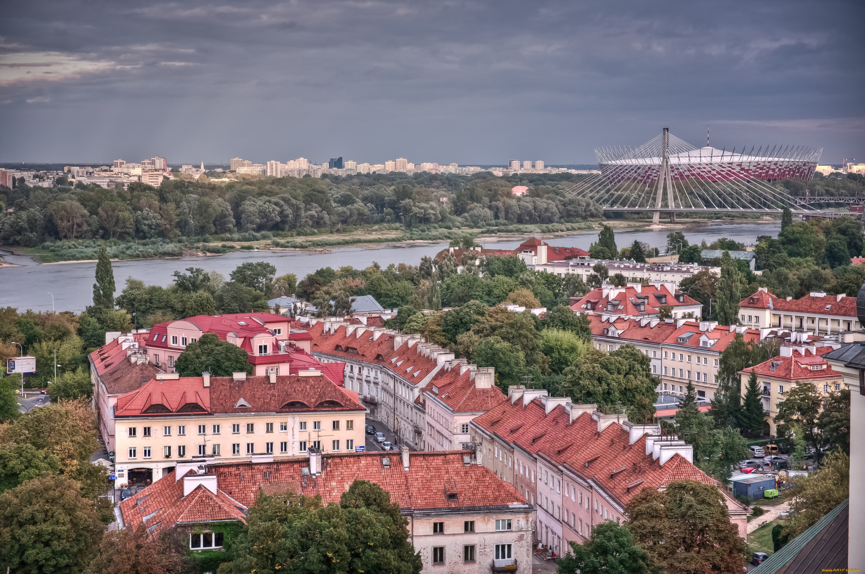 города, варшава, польша, стадион, дома, панорама