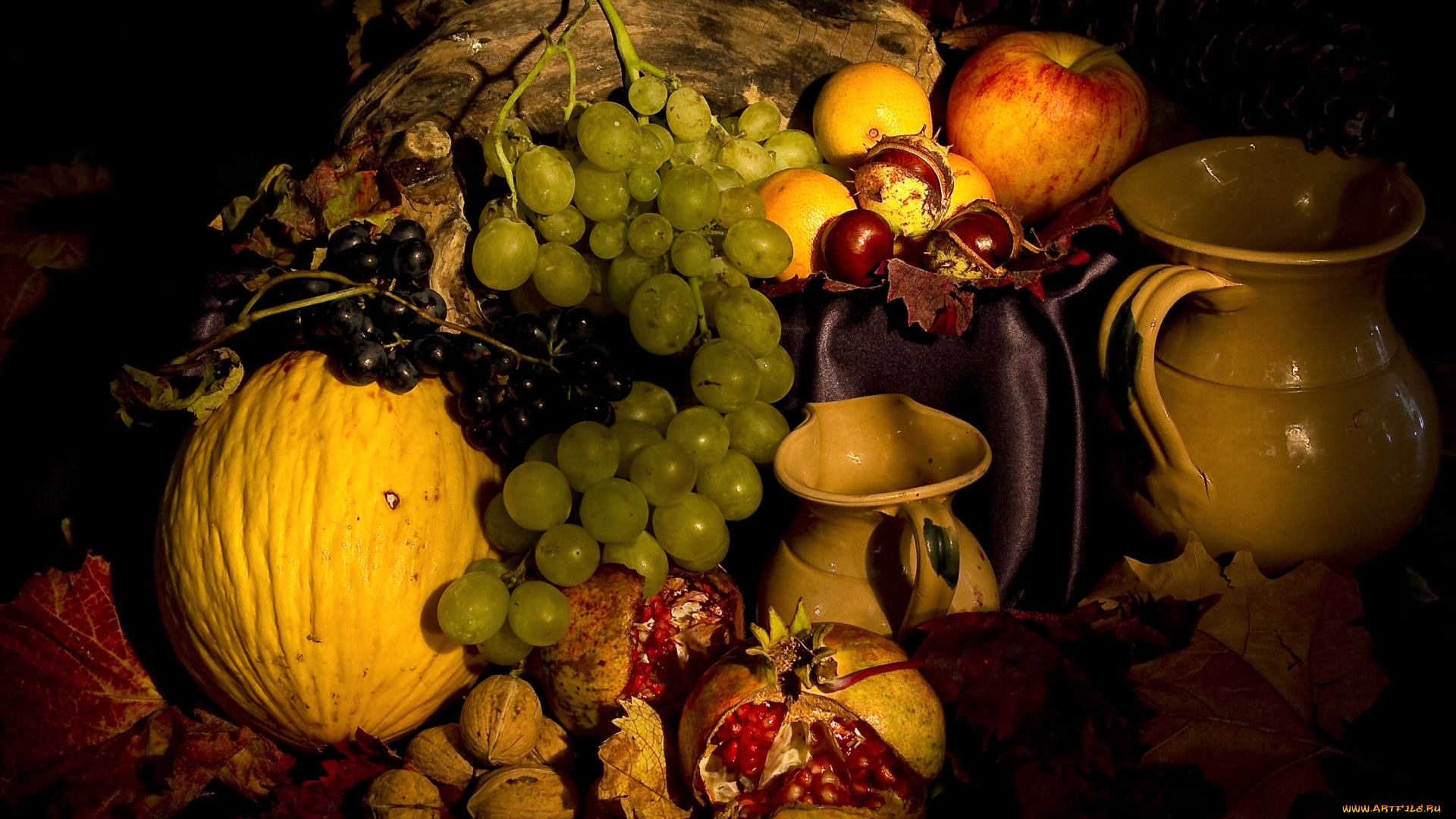 еда, фрукты, ягоды, кувшины, каштаны, тыква, виноград, гранат