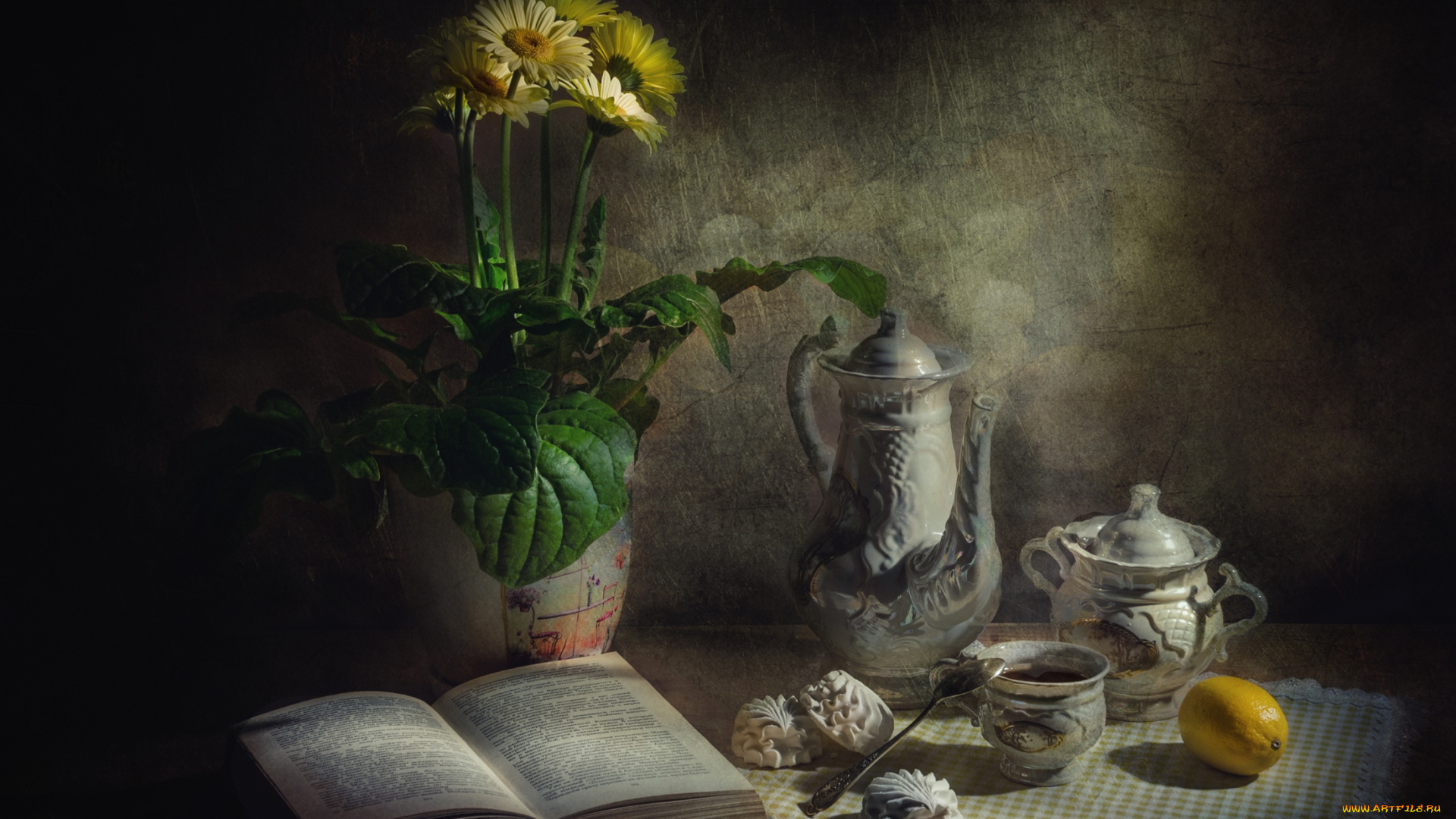 еда, натюрморт, зефир, чай, герберы, лимон