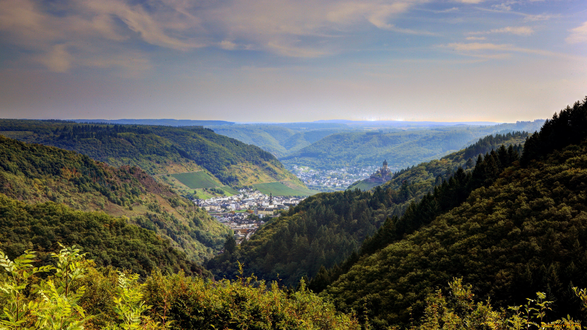 германия, кохем, природа, пейзажи, горы, долина, дома, лес