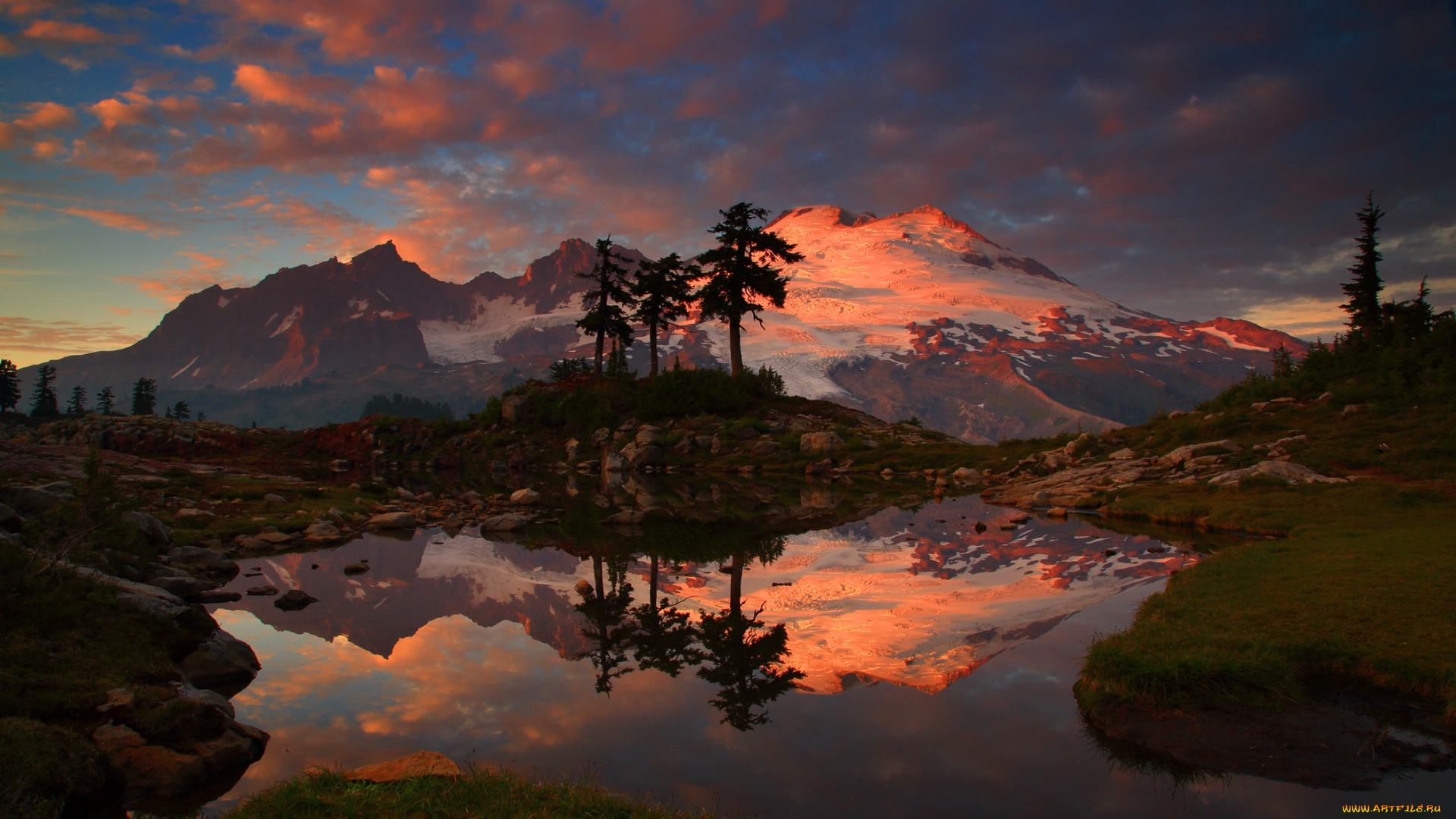 mount, baker, snoqualmie, national, forest, washington, природа, реки, озера, горы, сумерки, ели, озеро