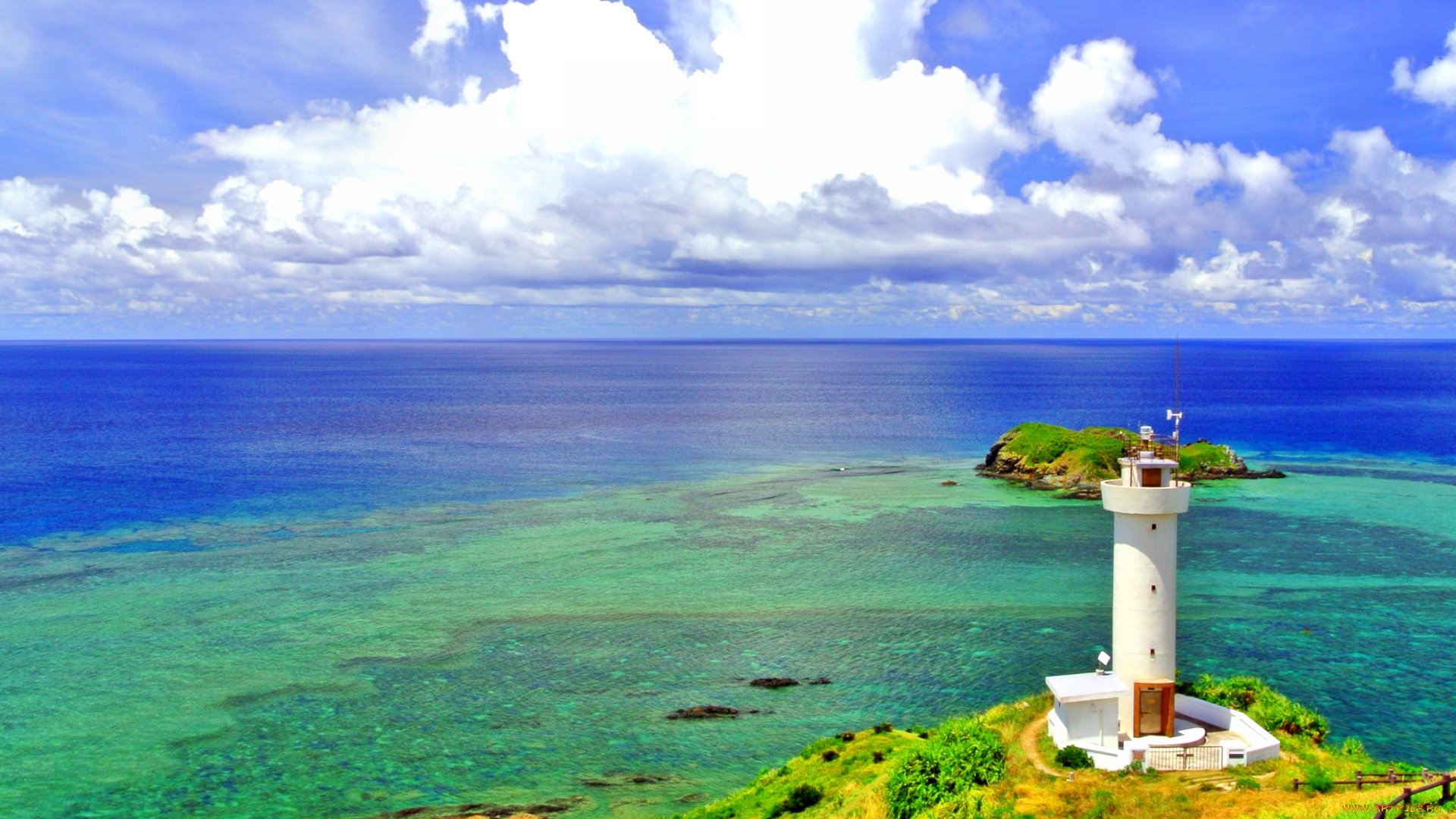 природа, маяки, облака, простор, маяк, островок, горизонт, океан, побережье