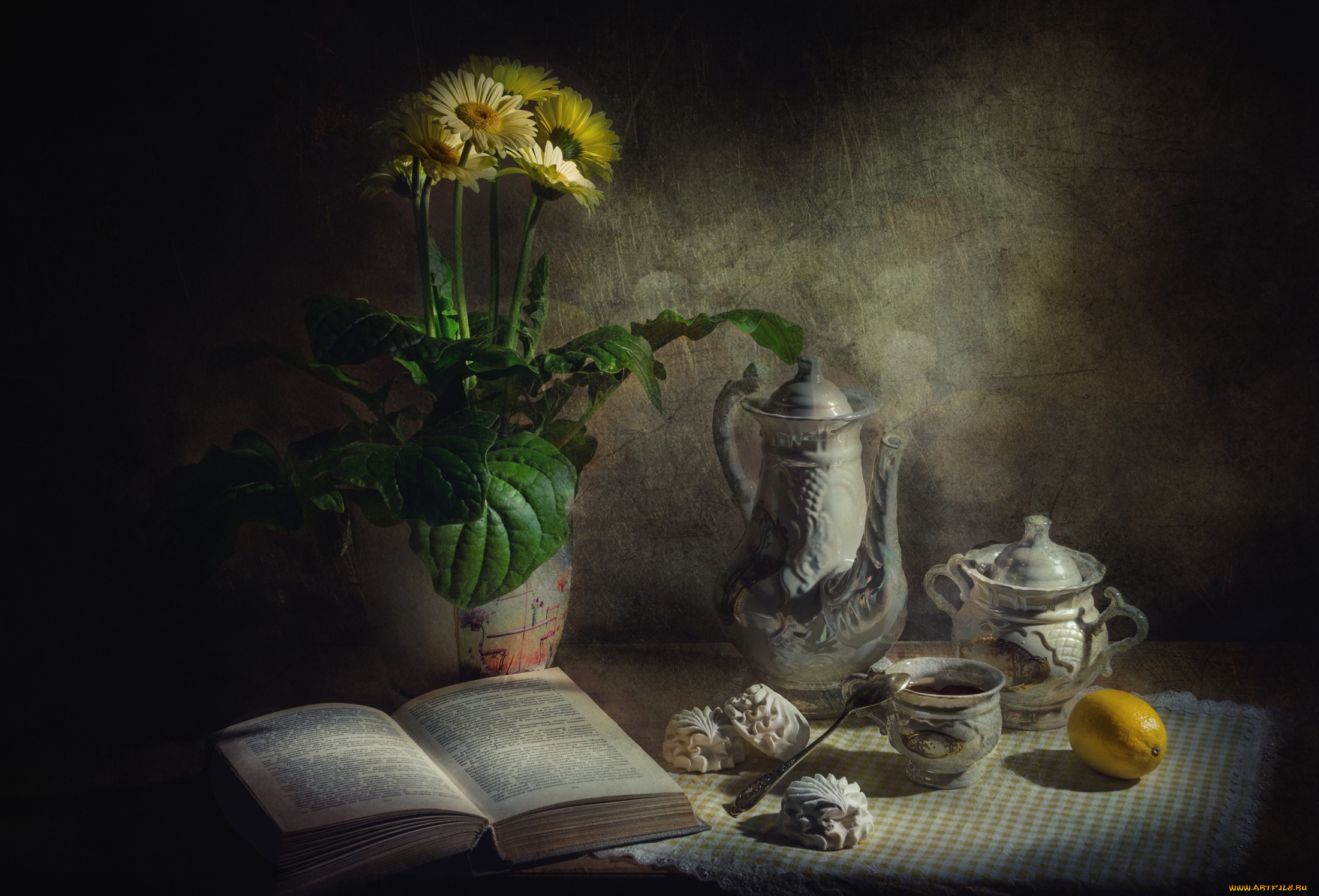 еда, натюрморт, зефир, чай, герберы, лимон