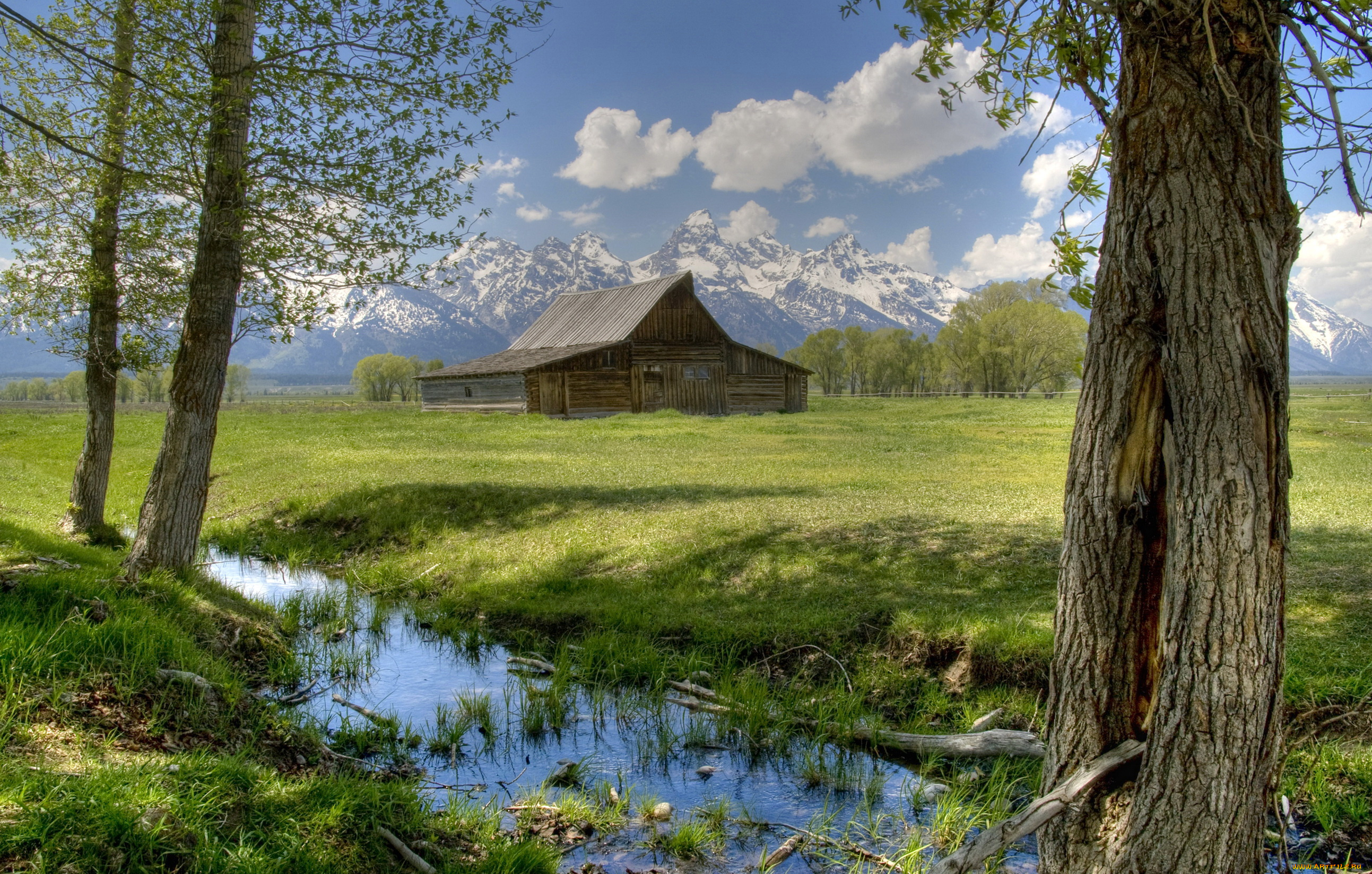 grand, teton, national, park, wyoming, природа, пейзажи, парк, горы, строение, трава, банф, хижина, thomas, moulton, barn, деревья, ручей
