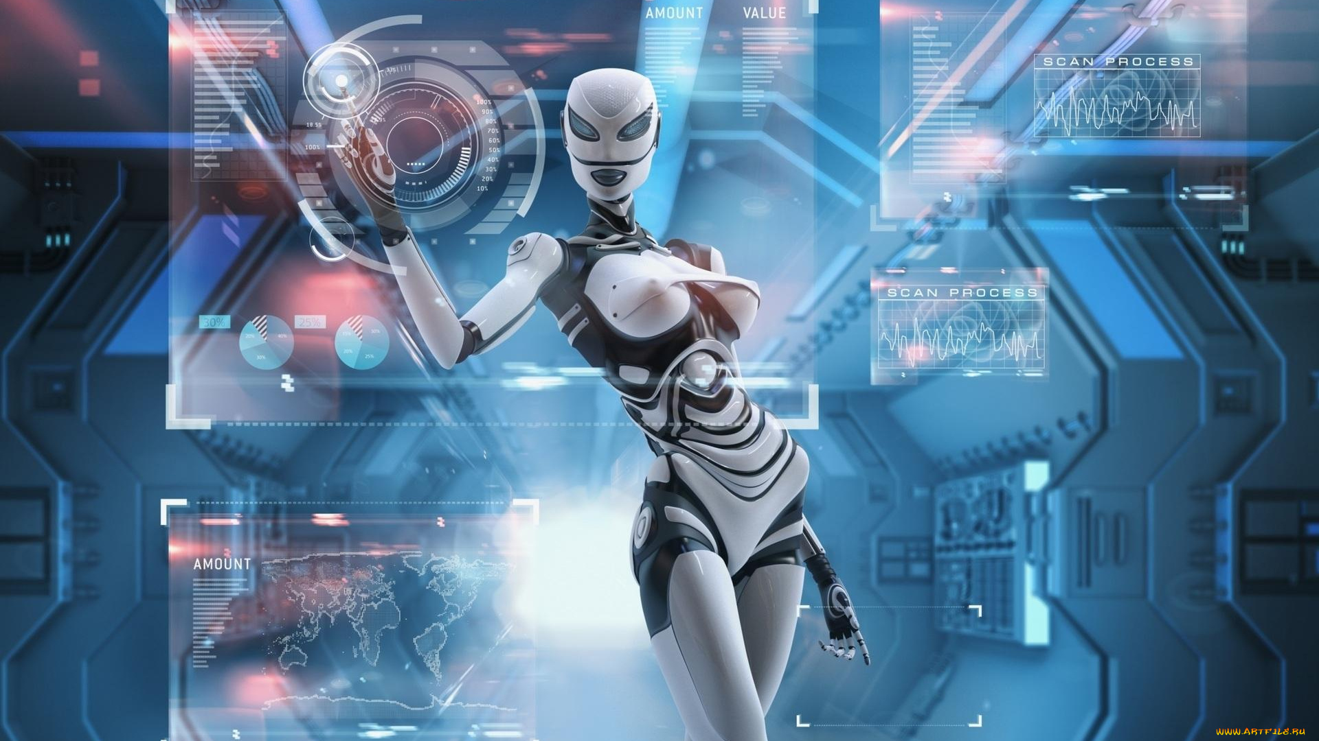 3д, графика, _science, fiction, девушка, схемы, робот, андроид, карты