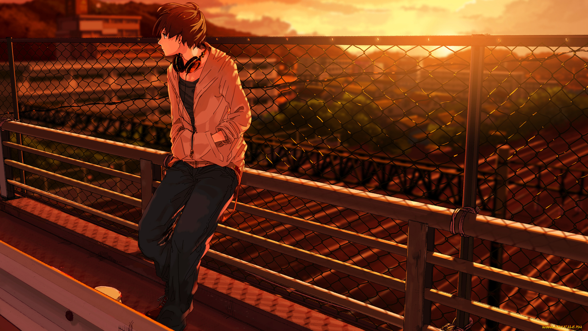 аниме, -headphones, &, instrumental, облака, закат, наушники, мужчина, небо, здания, kuronokuro, улица, город, сетка, забор