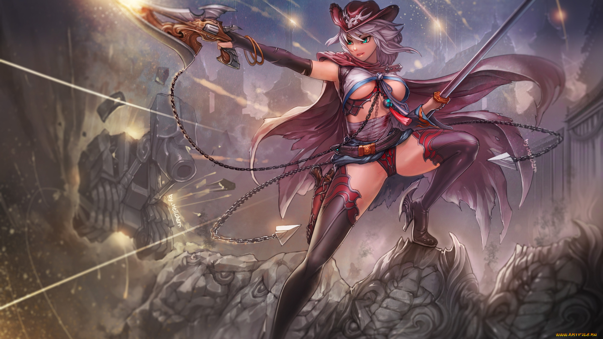 аниме, -weapon, , blood, &, technology, грудь, разрушения, улыбка, девушка, жест, цепи, hellcherr, оружие, art, шляпа