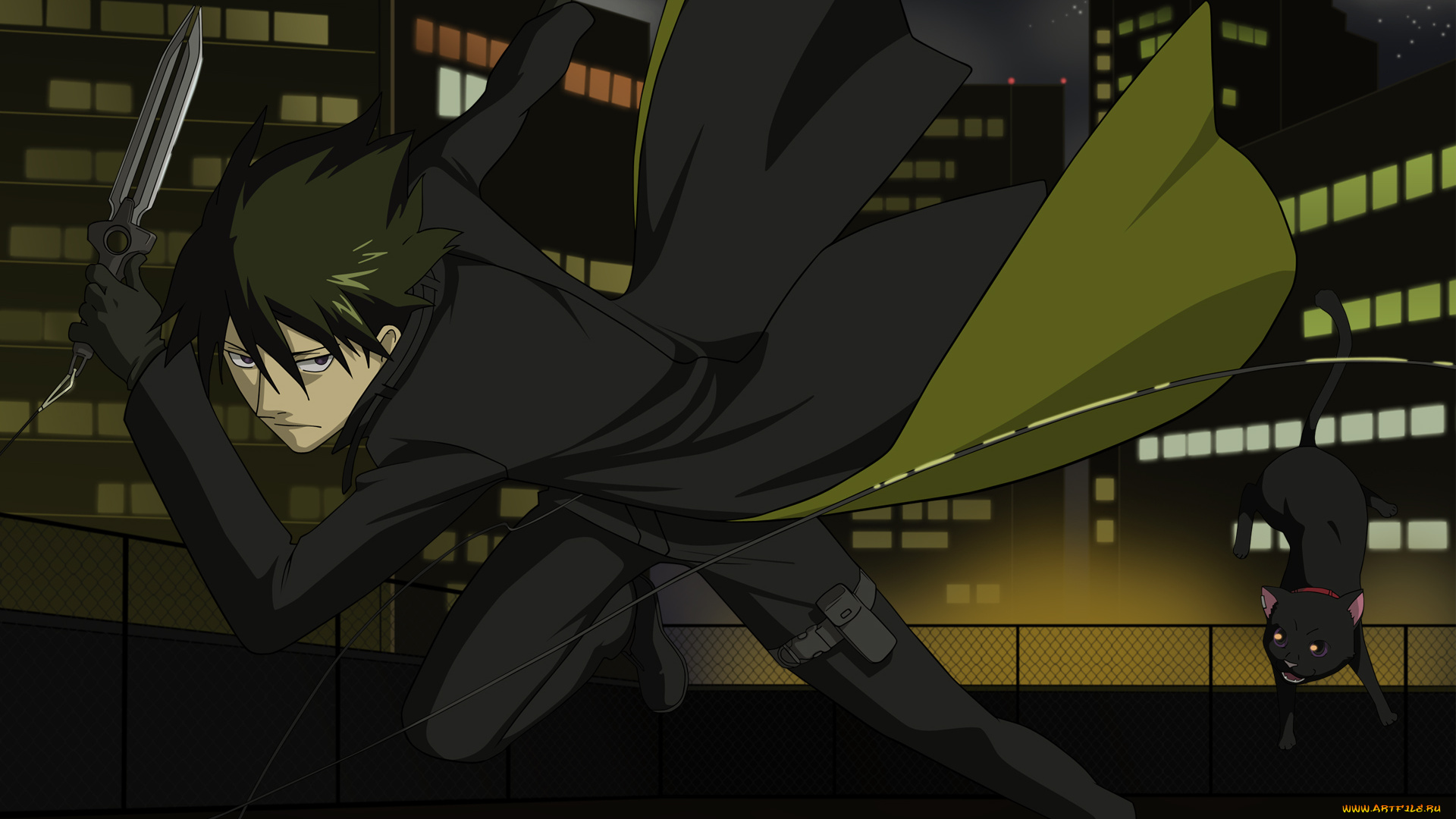 аниме, darker, than, black, hei, mao, fiifo, мужчина, кот, город, здания, ночь, огни, оружие, плащ