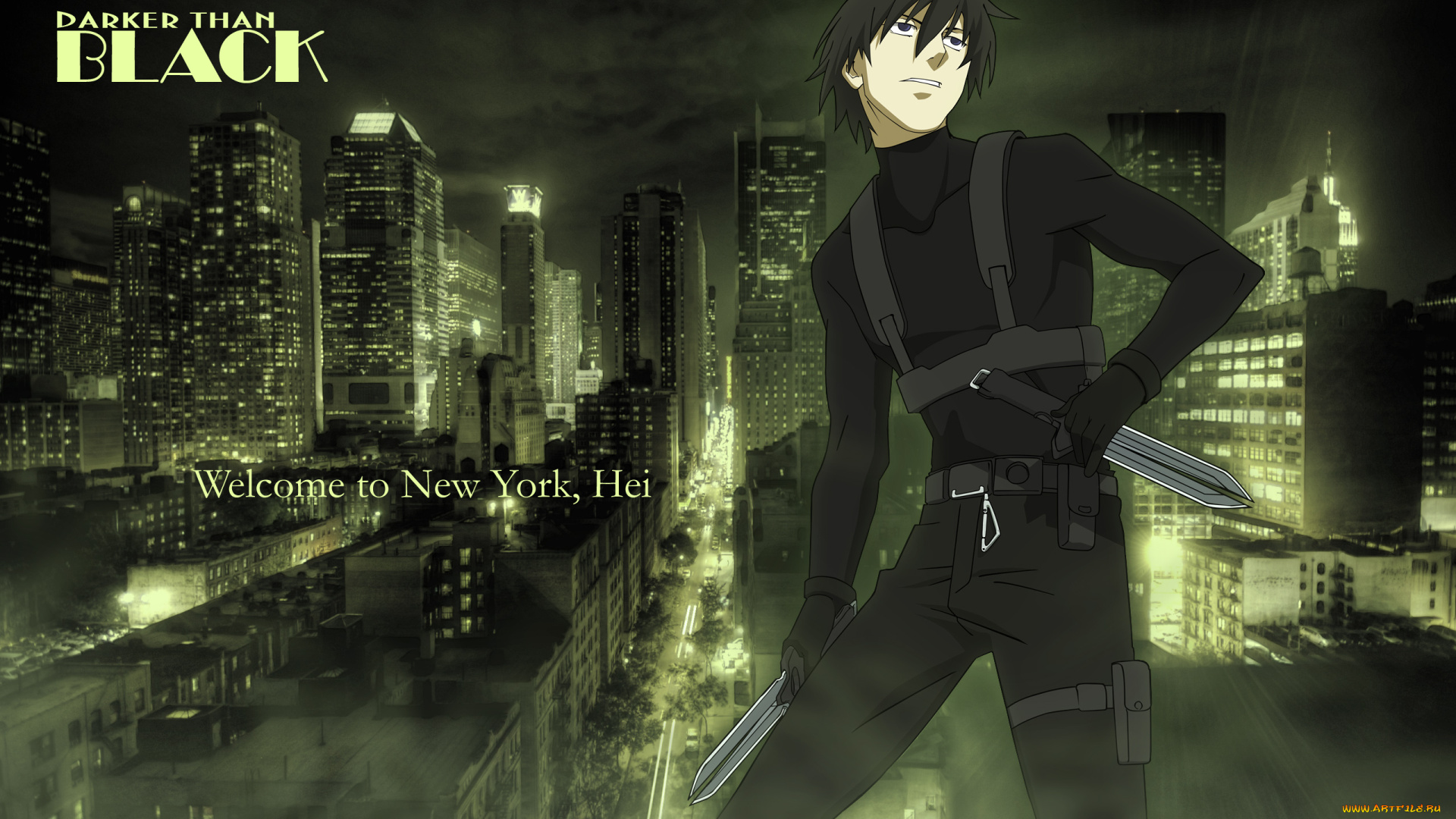аниме, darker, than, black, marysan, hei, new, york, мужчина, город, ночь, здания, оружие