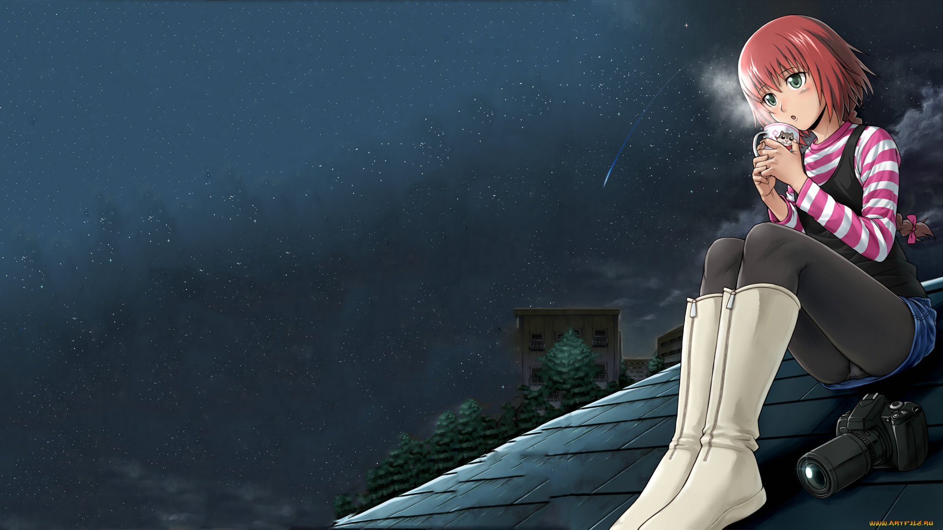 аниме, darker, than, black, suou, pavlichenko, девушка, небо, звезды, крыша, здания, фотоаппарат, кружка, деревья