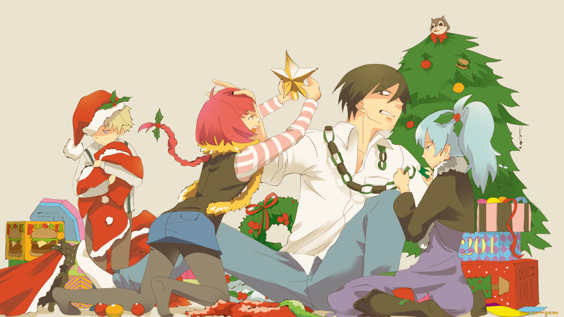 аниме, darker, than, black, yin, hei, suou, pavlichenko, mao, july, белка, украшения, елка, костюм, праздник, новый, год, звезда, гирлянда