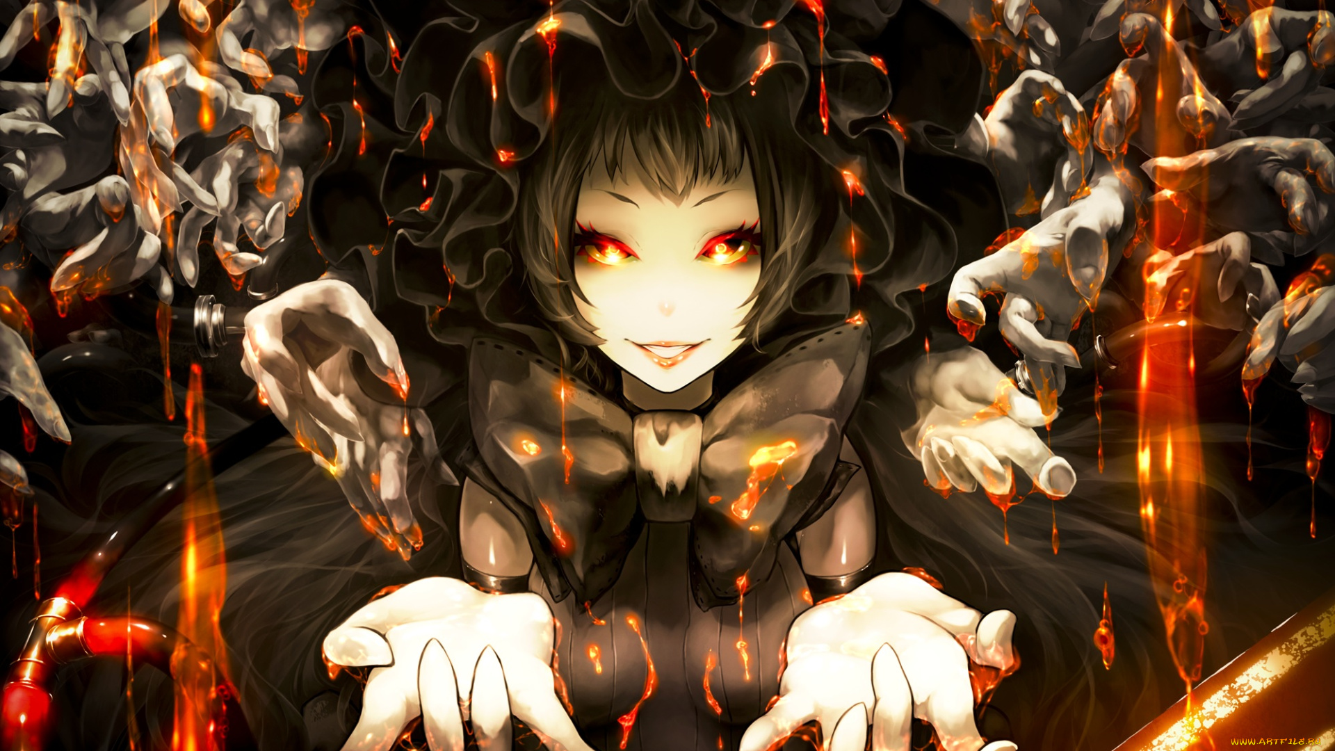 аниме, kantai, collection, руки, девушка, улыбка, демон, взгляд, лава, шляпа