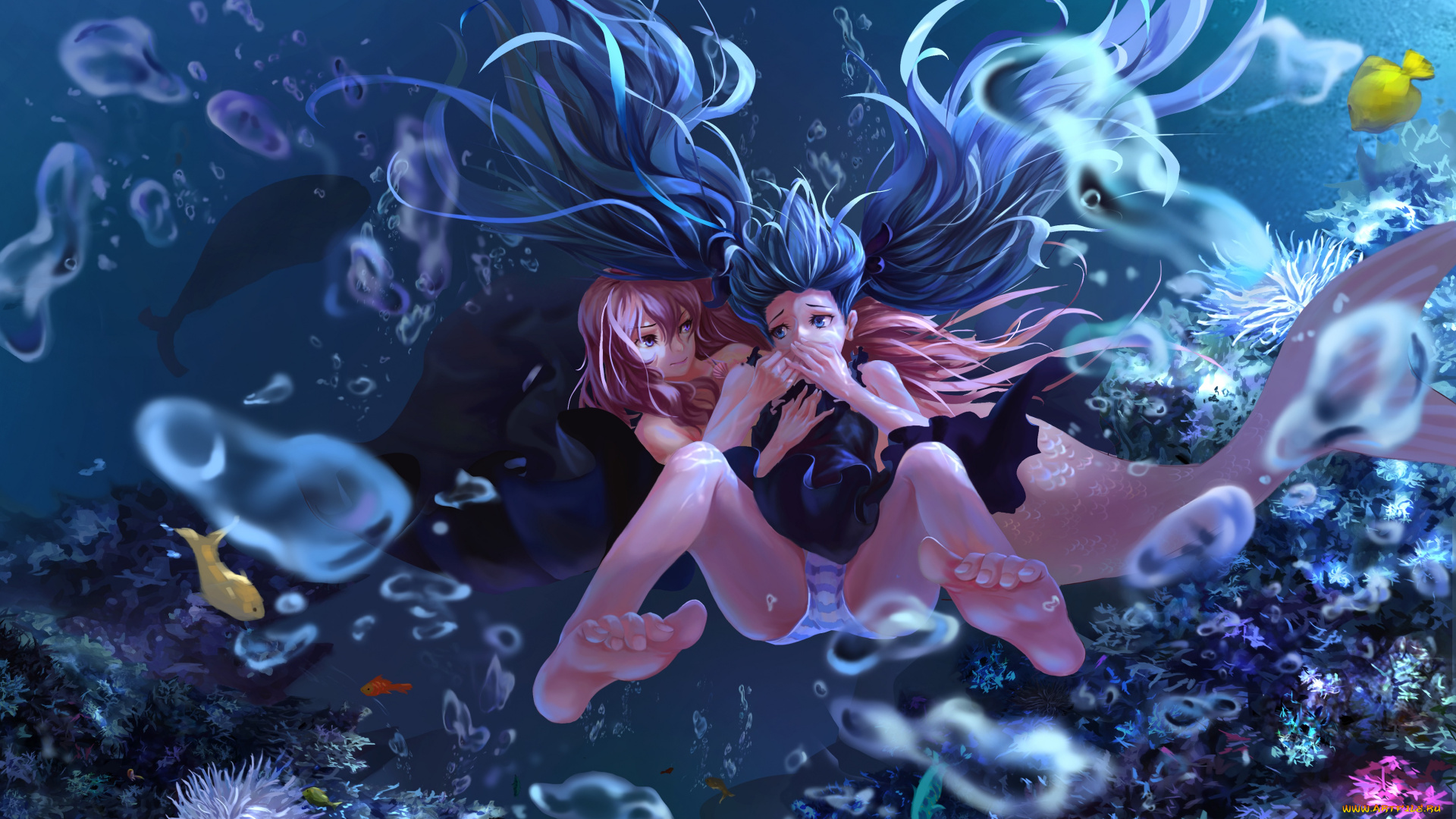 аниме, vocaloid, улыбка, megurine, luka, hatsune, miku, трусики, вокалоид, пузыри, море, русалка, объятья, девушки, страх, neko-mura, ikkro, art