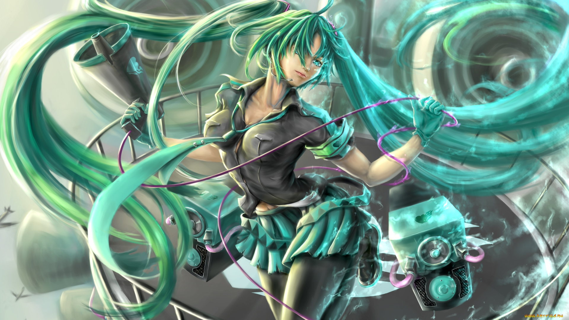 аниме, vocaloid, взгляд, улыбка, колонки, hatsune, miku, девушка, zhongjian, fuquan, art, вокалоид, самолеты, рупор