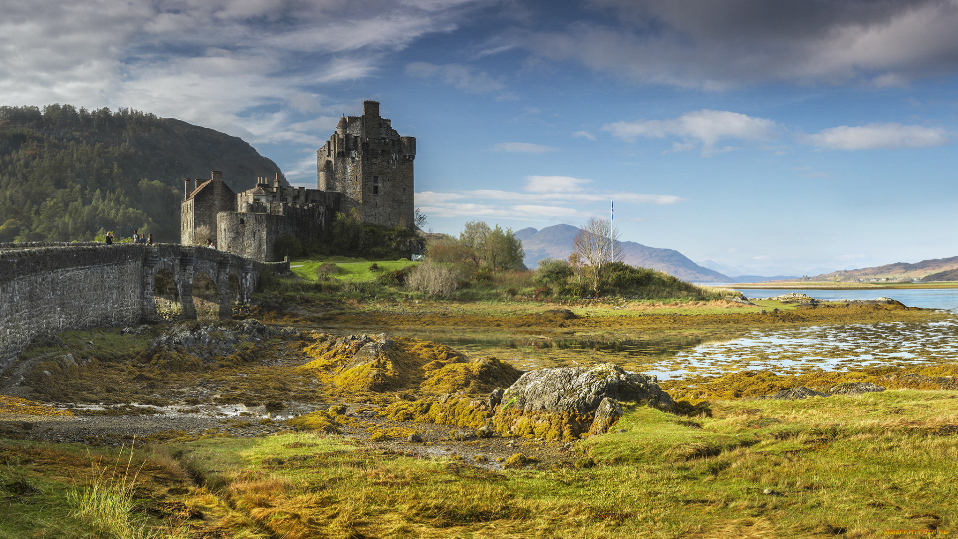 eilean, donan, castle, города, замок, эйлен-донан, , шотландия, лес, река, замок