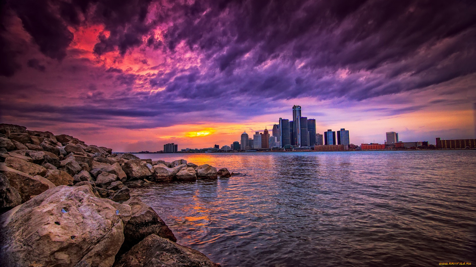 города, детройт, , сша, камни, река, город, небоскребы, небо, облака, здания, закат, детройт, usa, detroit