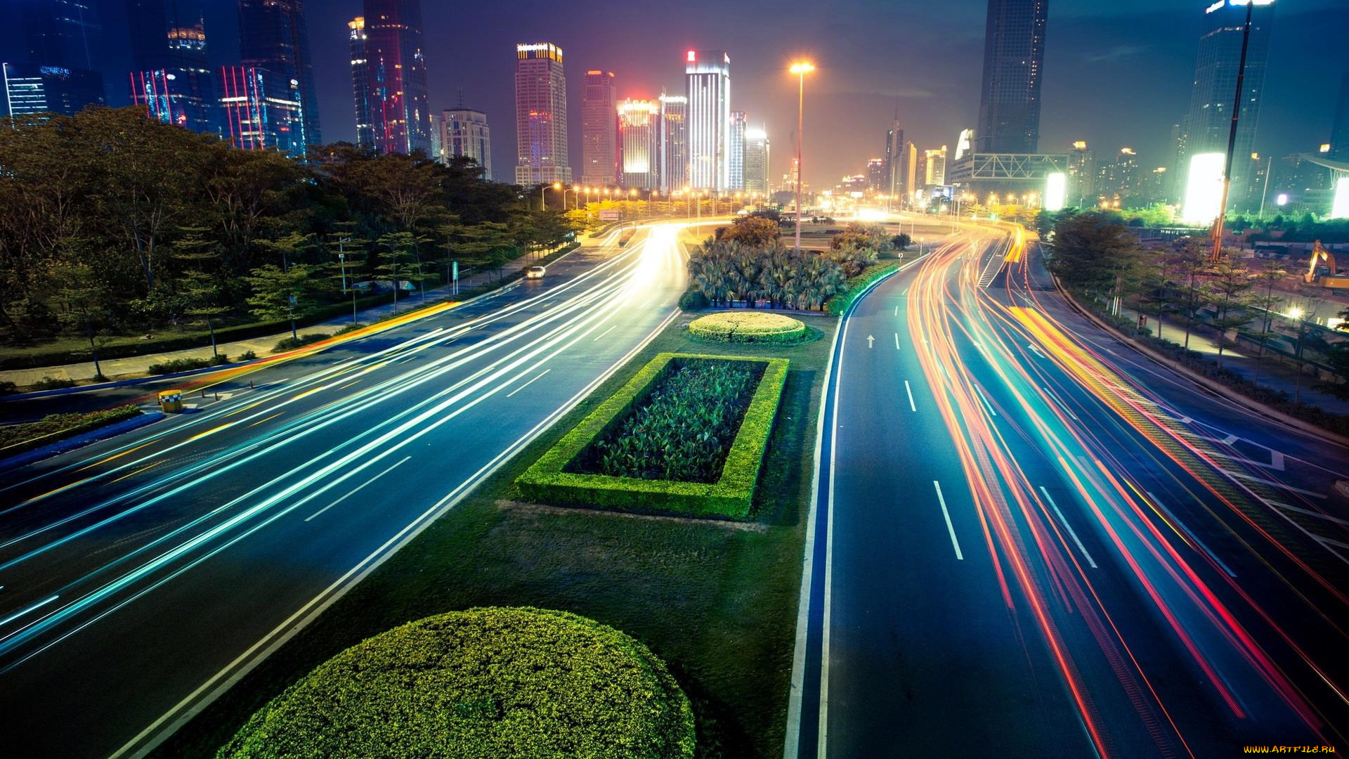 города, шанхай, , китай, огни, дорога, ночь, трасса, здания, дома, лужайки, траффик, город, шоссе, шанхай, полоса, парк, деревья