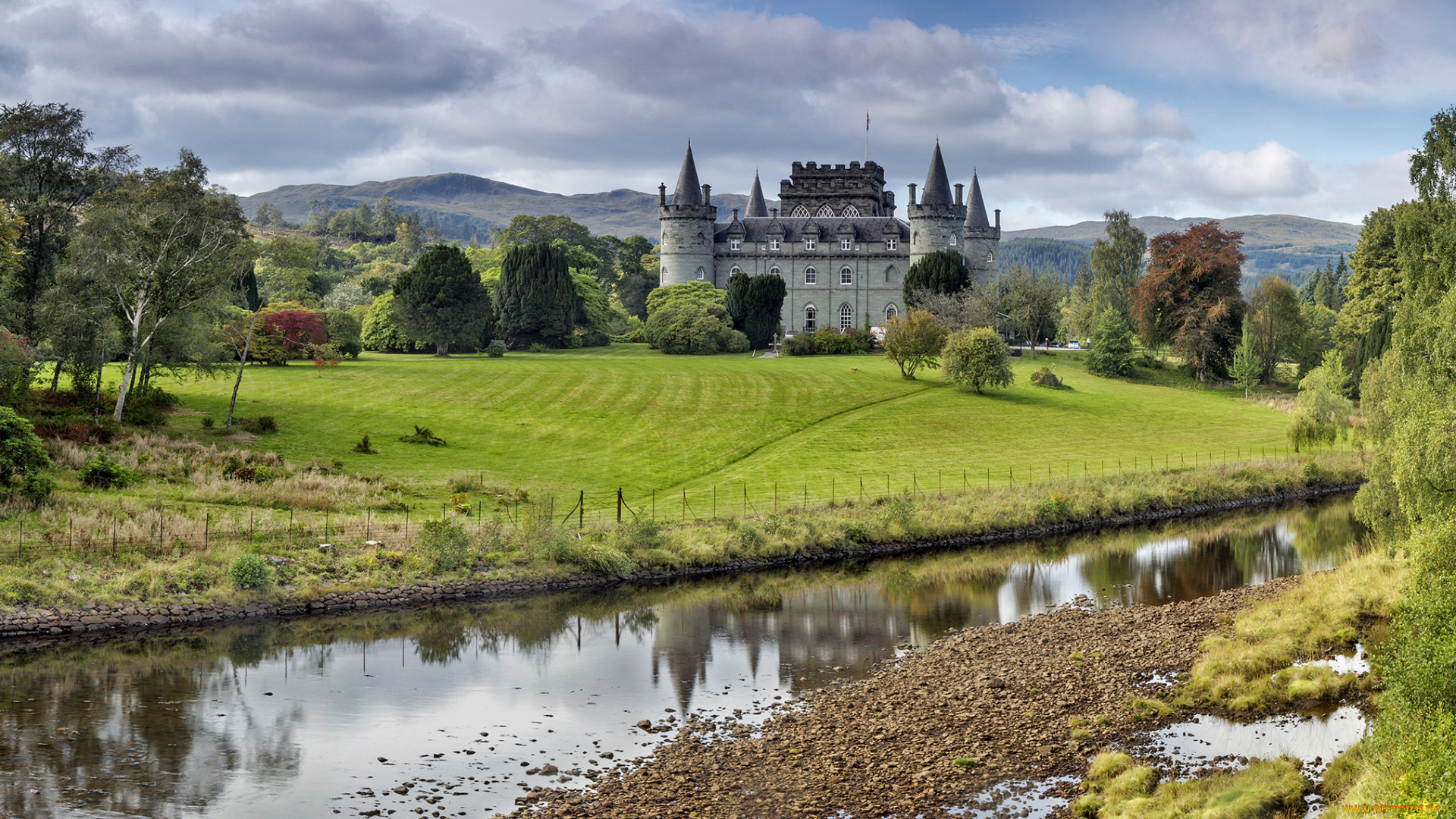 inveraray, castle, города, замок, инверари, , шотландия, , англия, лес, река, замок
