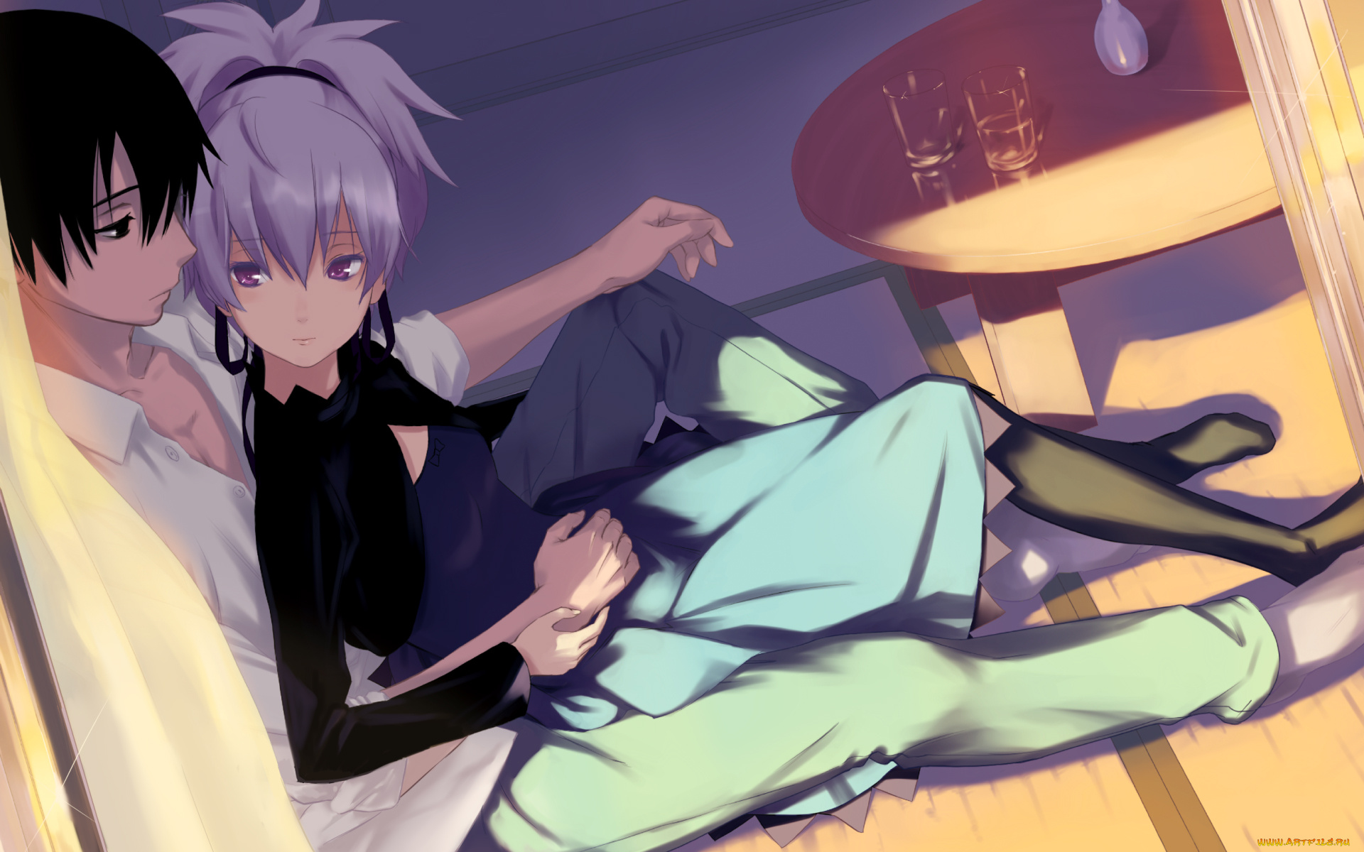 аниме, darker, than, black, yin, hei, kawakami, rokkaku, комната, стол, стаканы, пол, мужчина, девушка