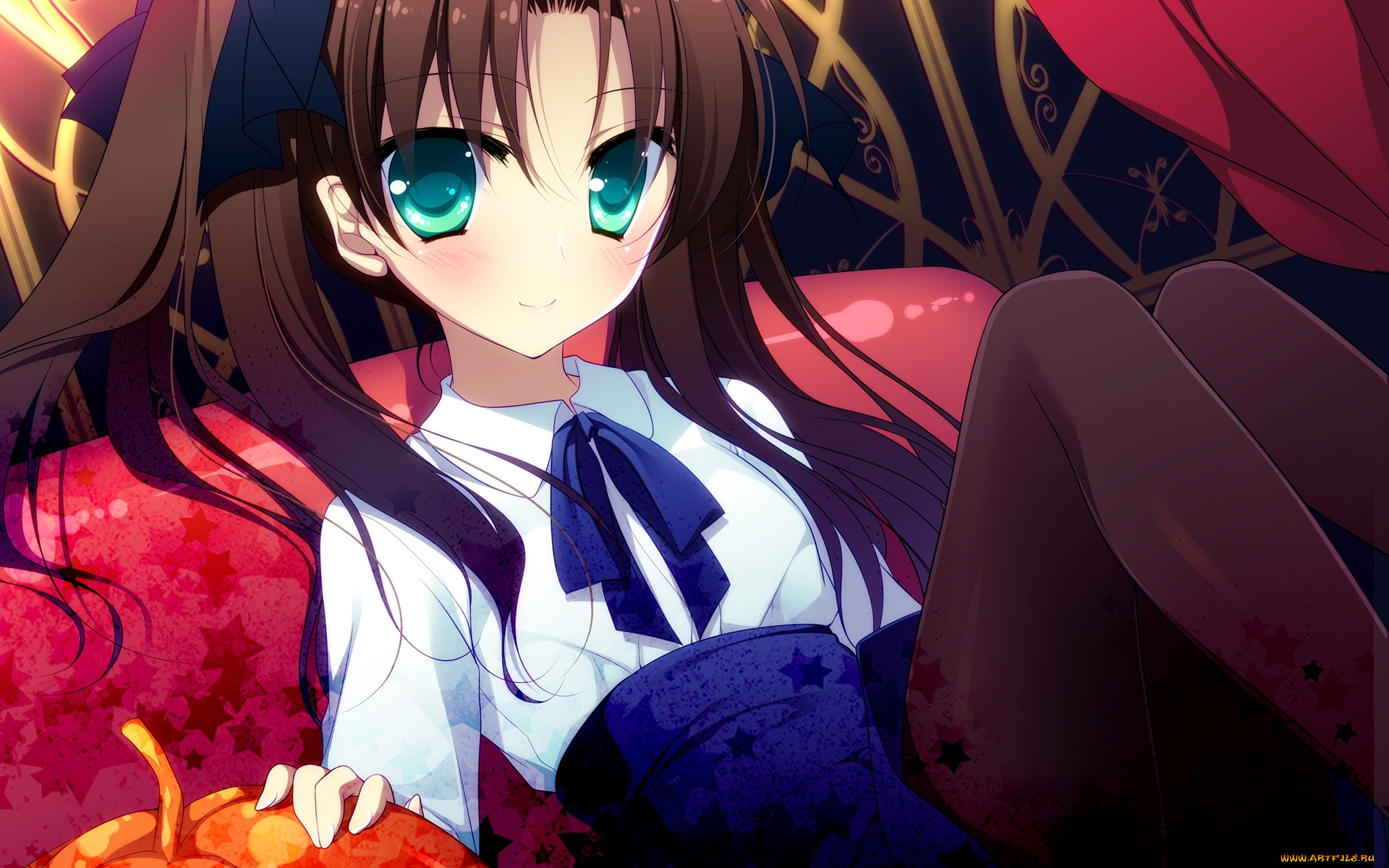 аниме, fate, stay, night, halloween, тыква, tohsaka, rin, девушка, шатенка, улыбка, арт, взгляд, узоры
