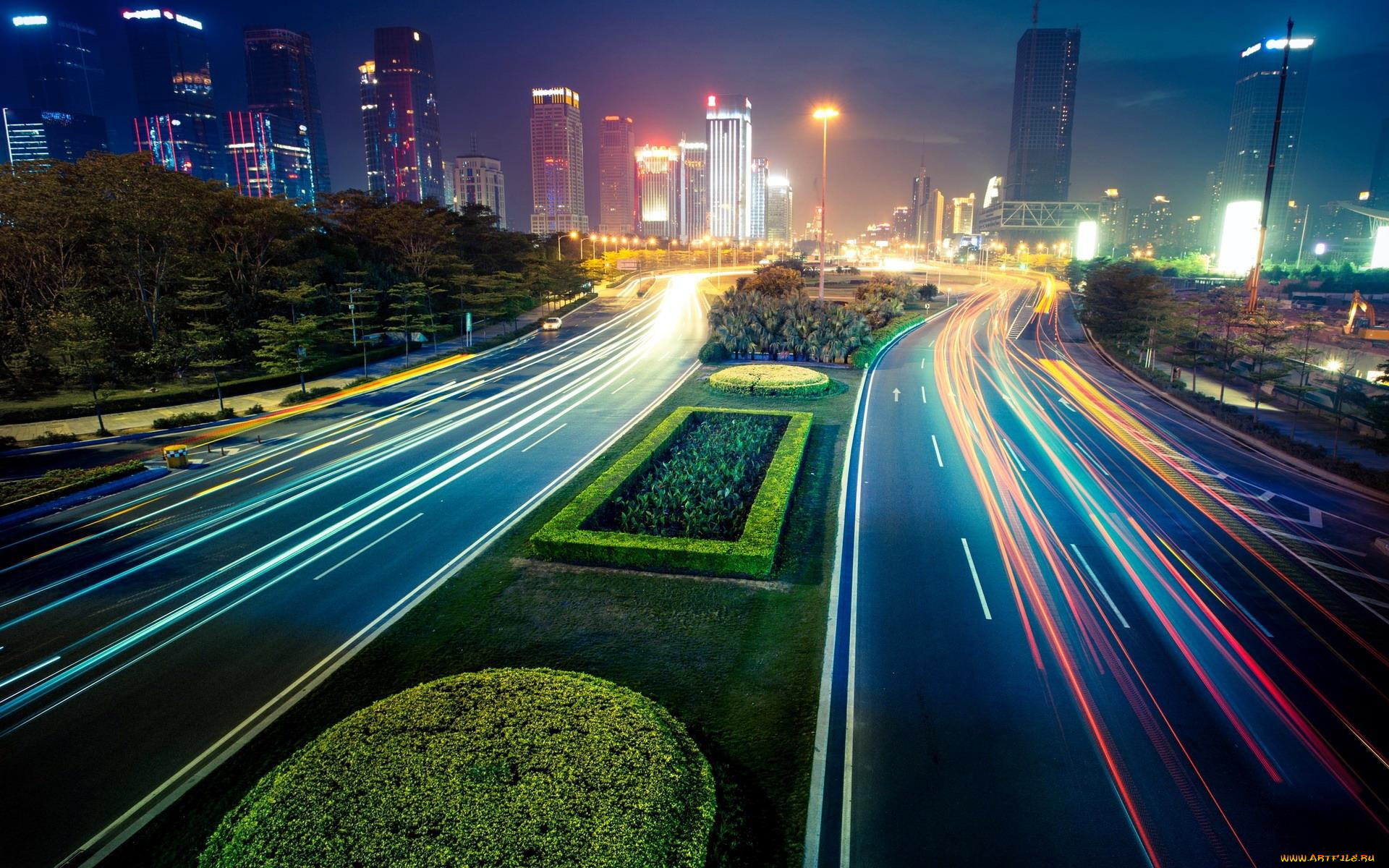 города, шанхай, , китай, огни, дорога, ночь, трасса, здания, дома, лужайки, траффик, город, шоссе, шанхай, полоса, парк, деревья