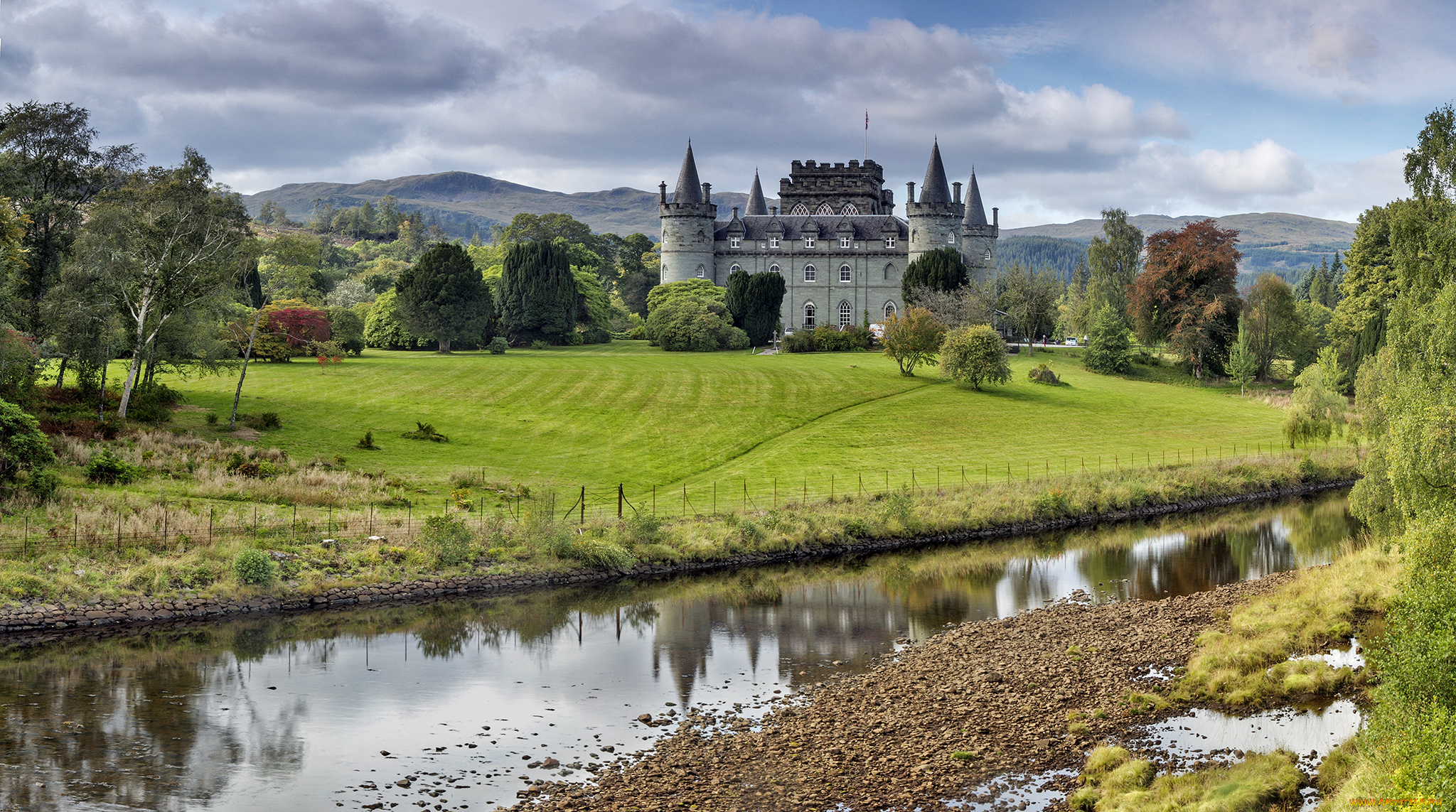 inveraray, castle, города, замок, инверари, , шотландия, , англия, лес, река, замок
