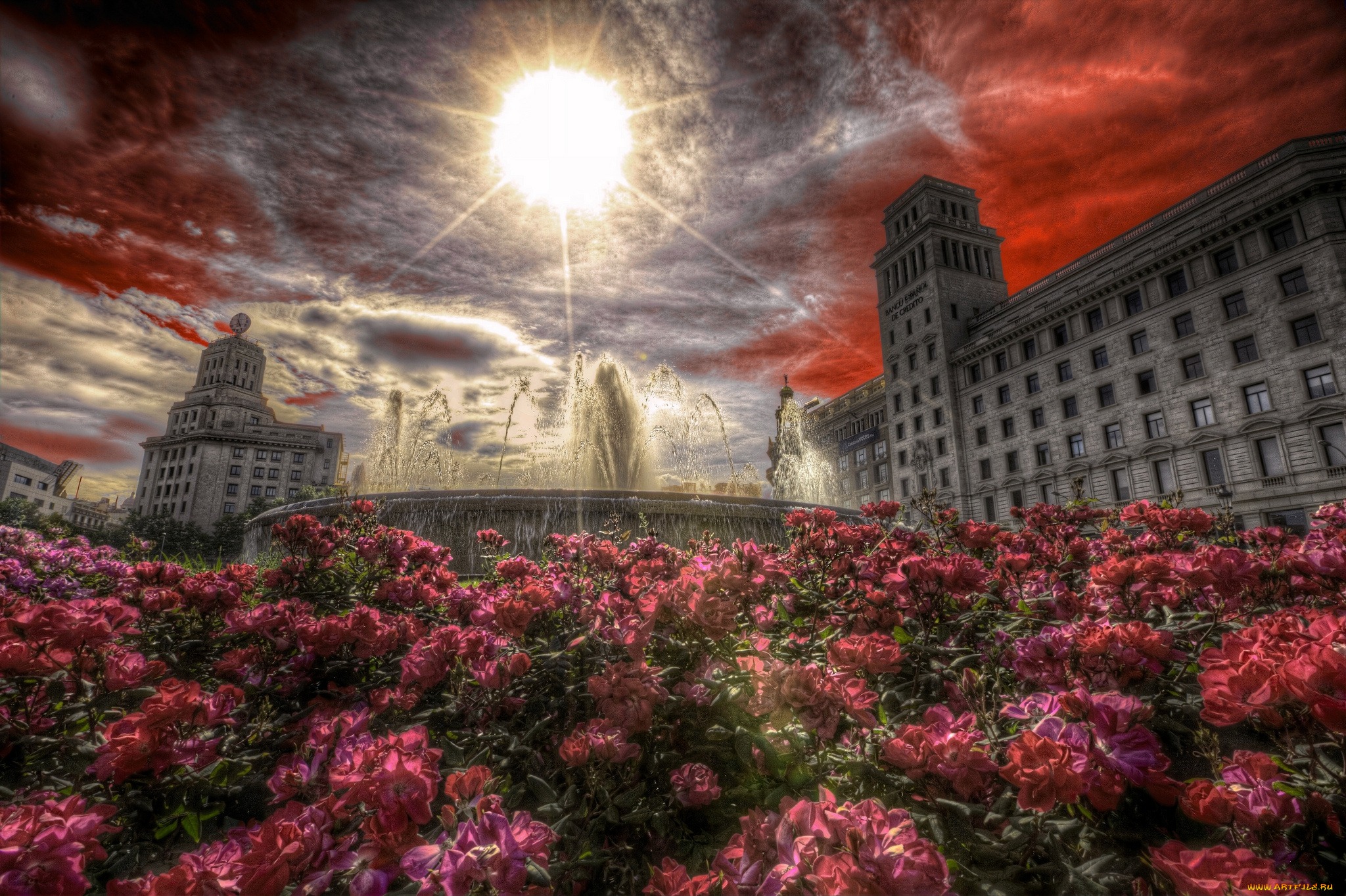 barcelona, , pla&, 231, a, de, catalunya, города, барселона, , испания, цветы, площадь, фонтан