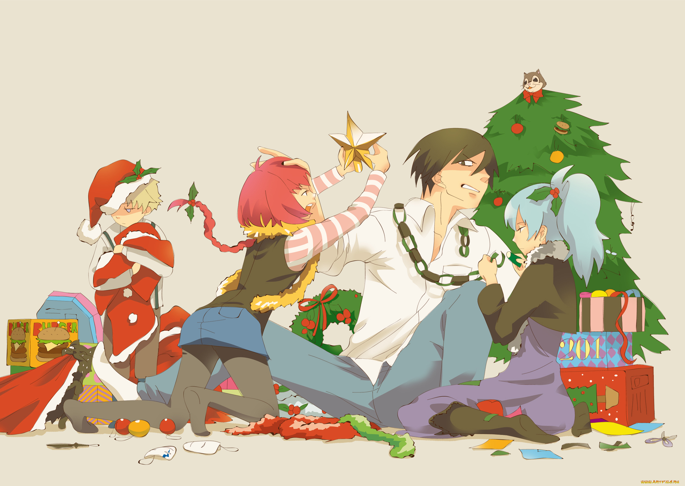 аниме, darker, than, black, yin, hei, suou, pavlichenko, mao, july, белка, украшения, елка, костюм, праздник, новый, год, звезда, гирлянда