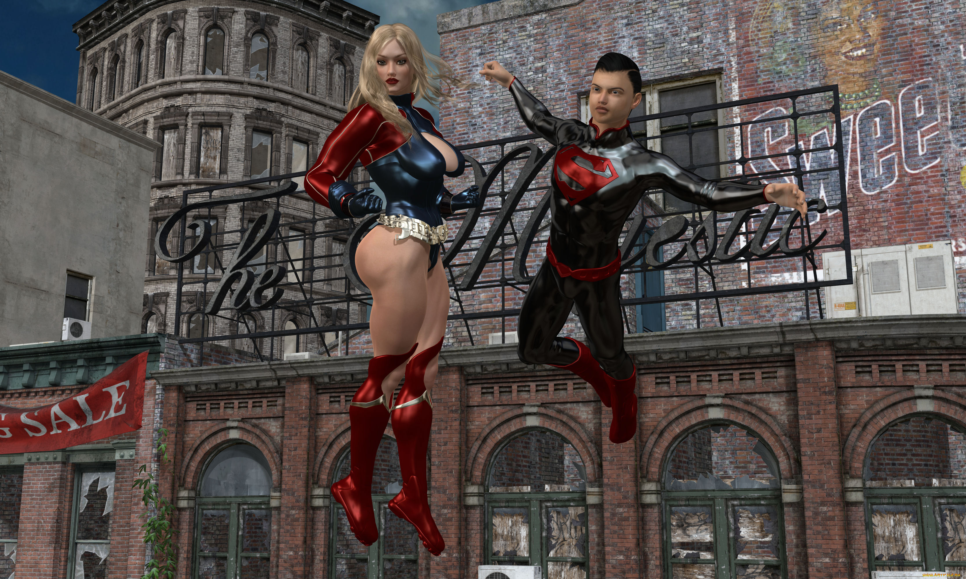 3д, графика, фантазия, , fantasy, девушка, мужчина, супермены