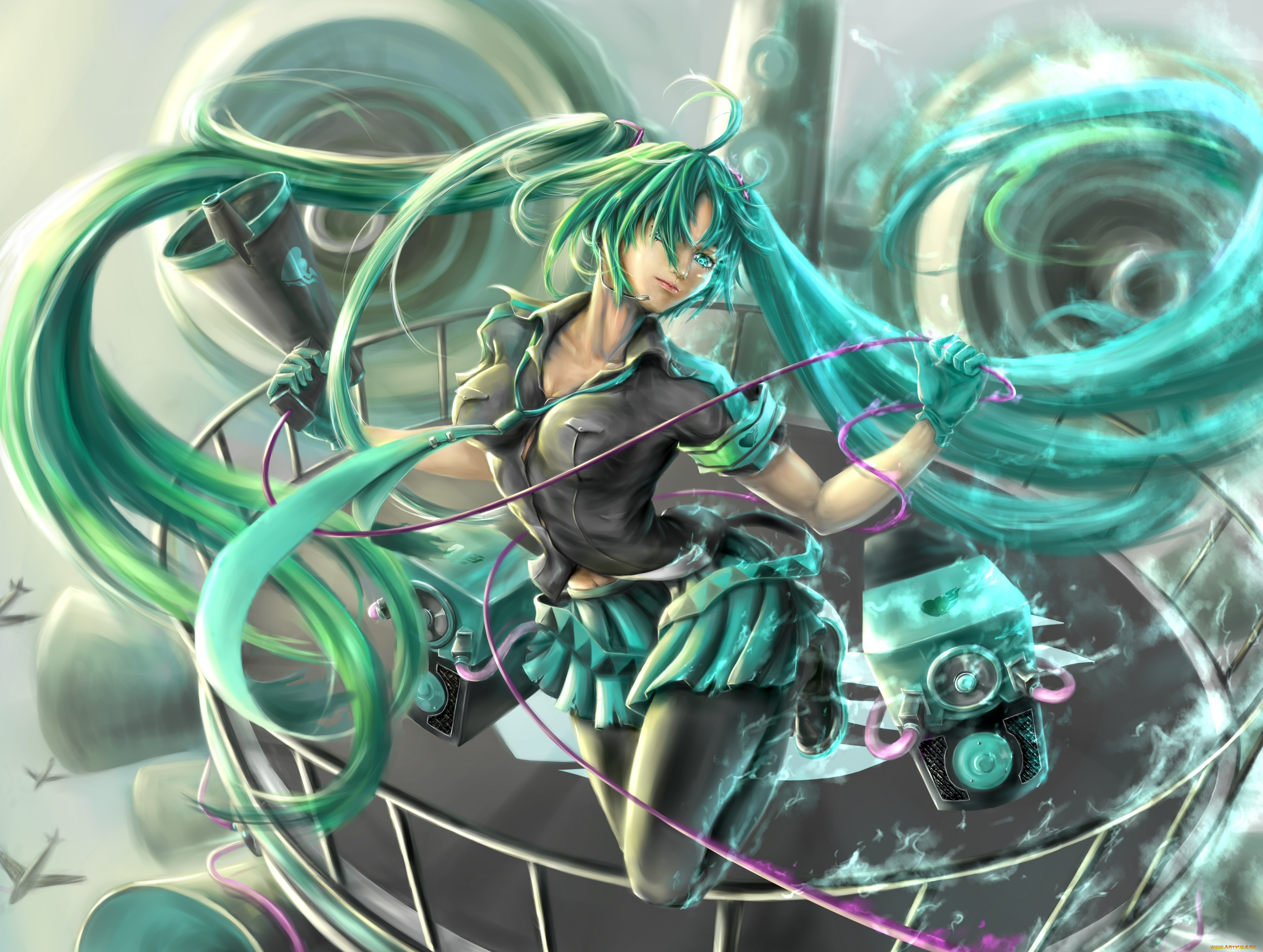 аниме, vocaloid, взгляд, улыбка, колонки, hatsune, miku, девушка, zhongjian, fuquan, art, вокалоид, самолеты, рупор