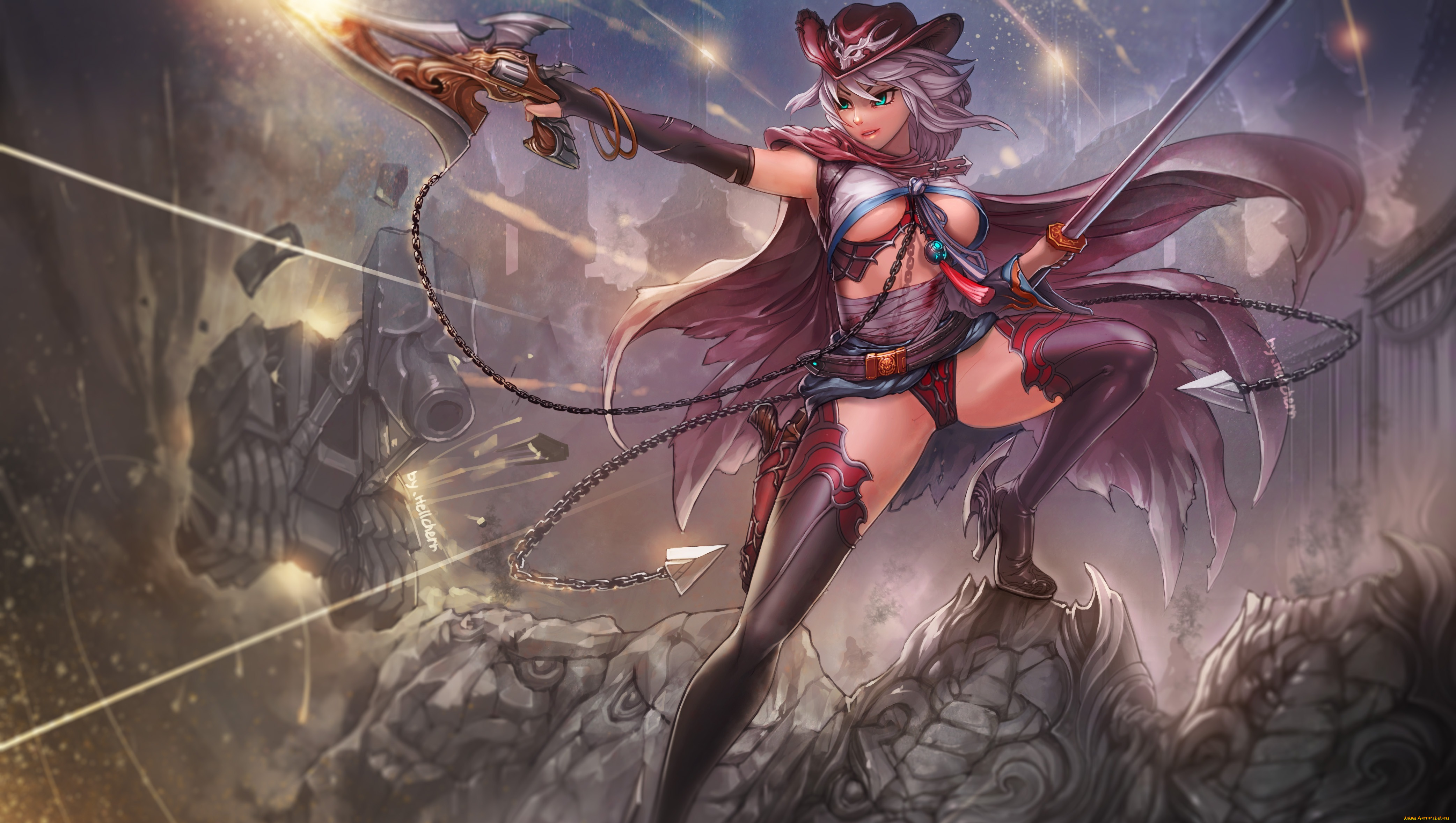 аниме, -weapon, , blood, &, technology, грудь, разрушения, улыбка, девушка, жест, цепи, hellcherr, оружие, art, шляпа