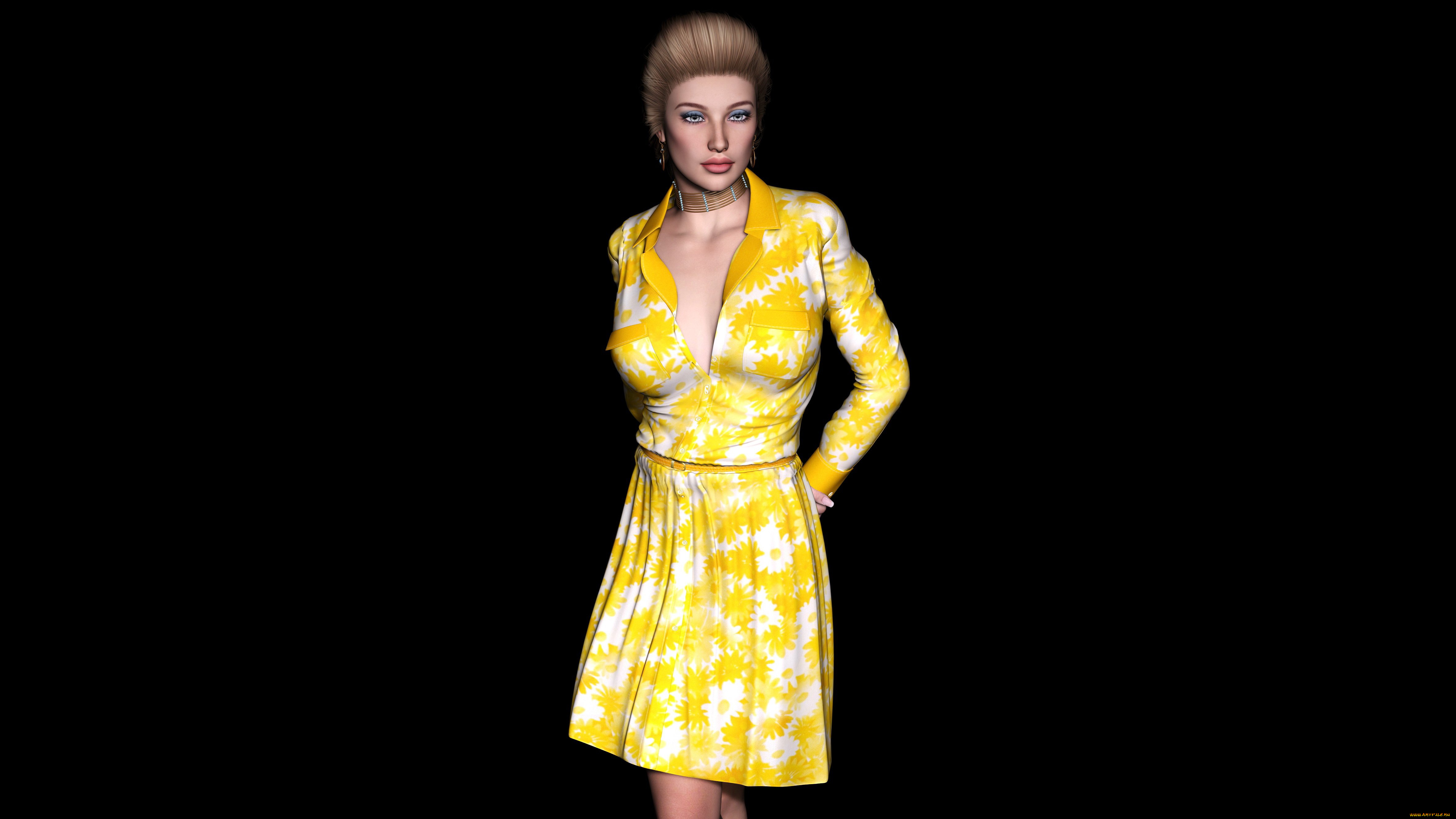 3д, графика, люди, , people, девушка, платье, фон, взгляд