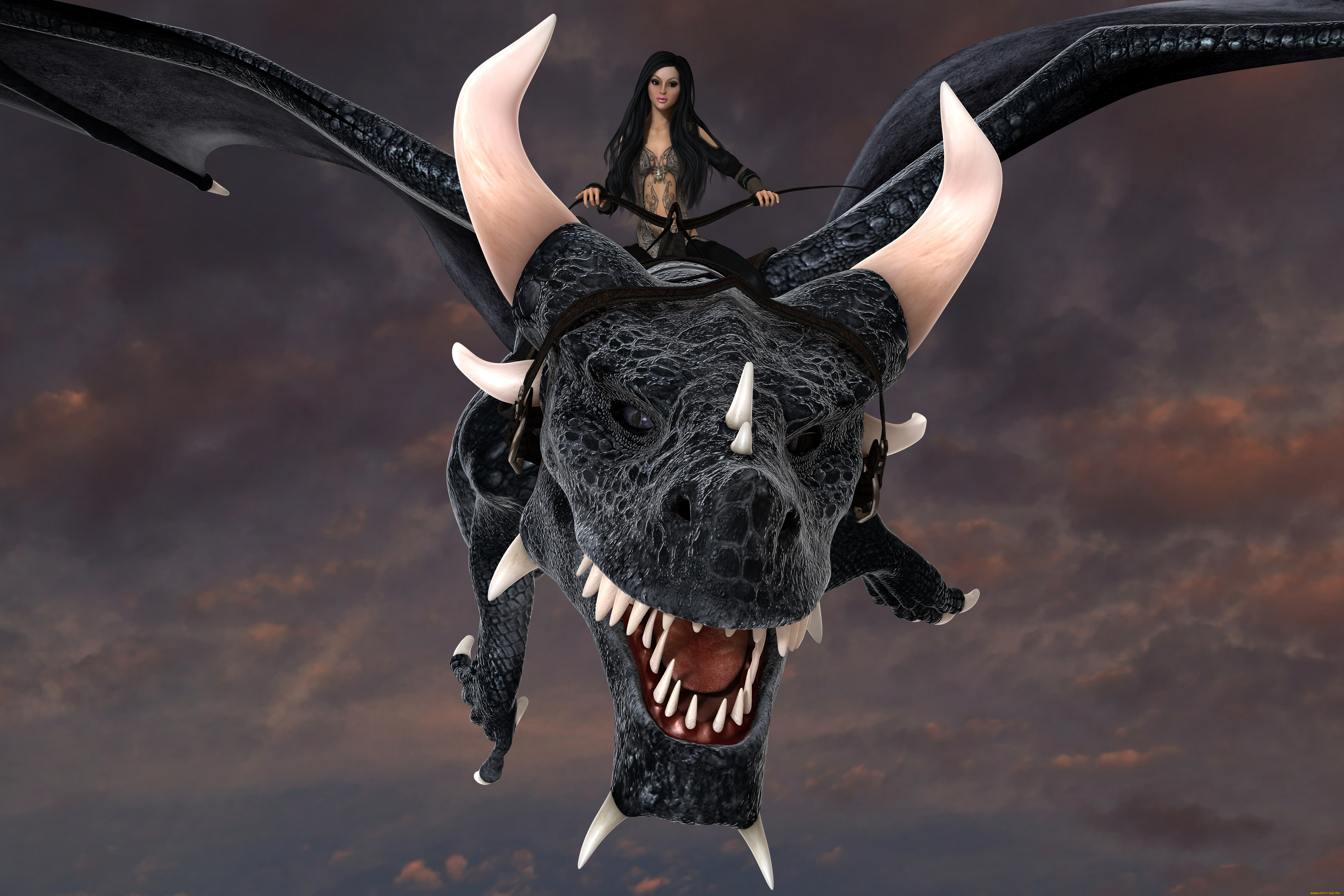 3д, графика, фантазия, , fantasy, дракон, девушка, полет