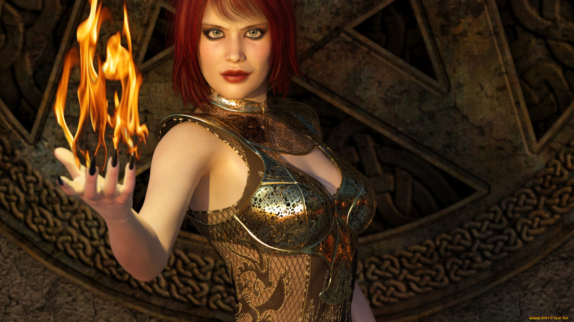 3д, графика, фантазия, , fantasy, девушка, взгляд, фон, огонь, рыжая