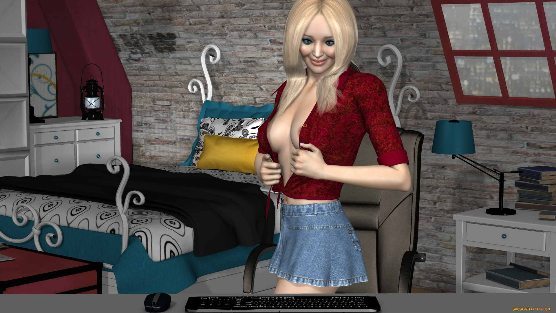 3д, графика, люди, , people, клавиатура, девушка, кровать, взгляд, фон, светильник