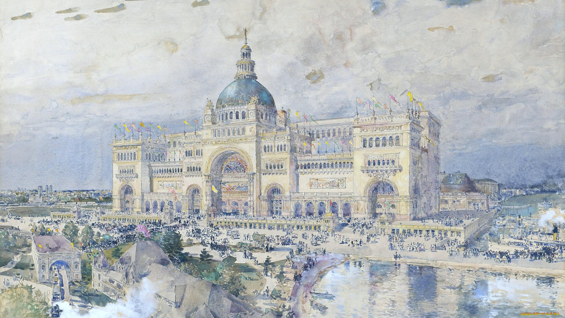 a, view, of, the, worlds, рисованное, frederick, childe, hassam, небо, тучи, дворец, люди, здания
