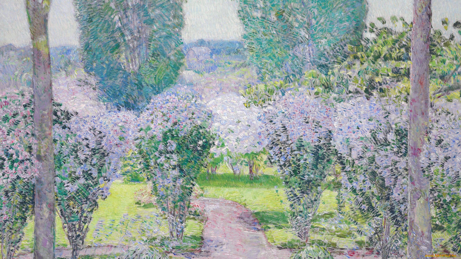 altheas, рисованное, frederick, childe, hassam, сад, парк, деревья, кусты, дорожка