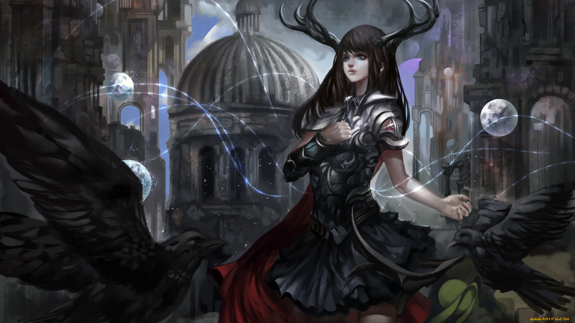 аниме, ангелы, , демоны, город, вороны, арт, птицы, рога, девушка, baka