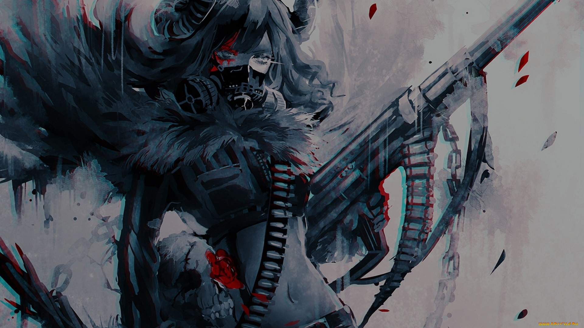 аниме, ангелы, , демоны, рога, девушка, 404, not, found, маска, оружие, череп, цветы, арт