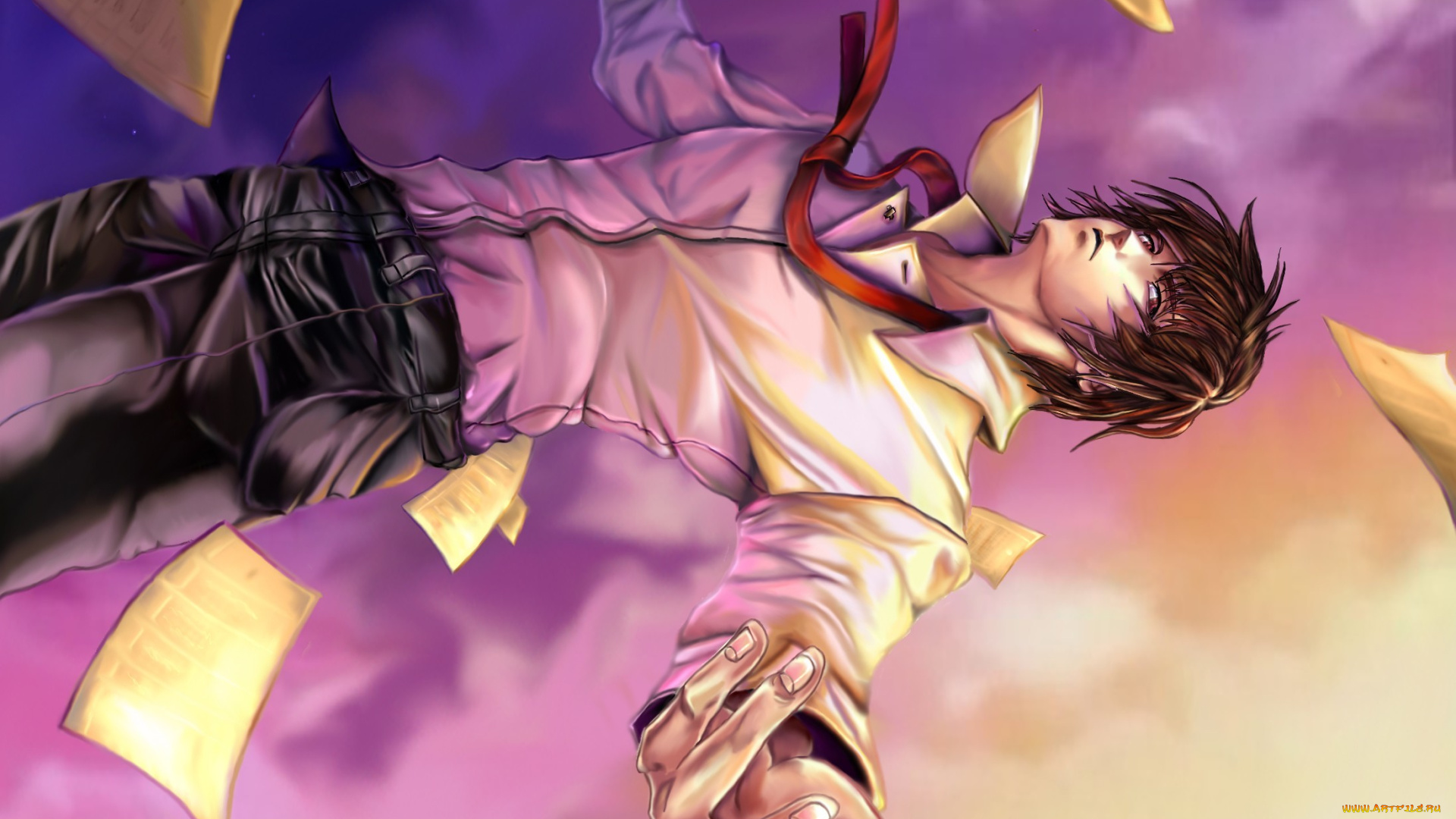 аниме, death, note, небо, листы, падение, парень, арт, light, yagami, death, note