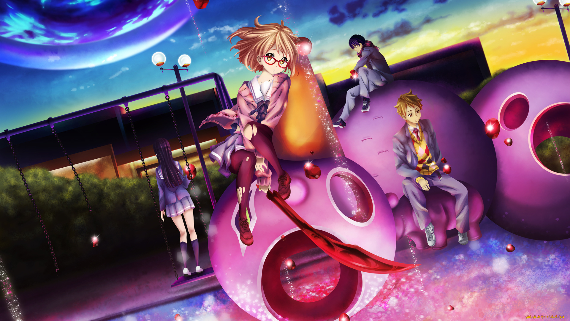 аниме, kyoukai, no, kanata, площадка, парни, девушки, nase, hiroomi, kuriyama, mirai, закат, небо, облака, kanbara, akihito, kyoukai, no, kanata, арт